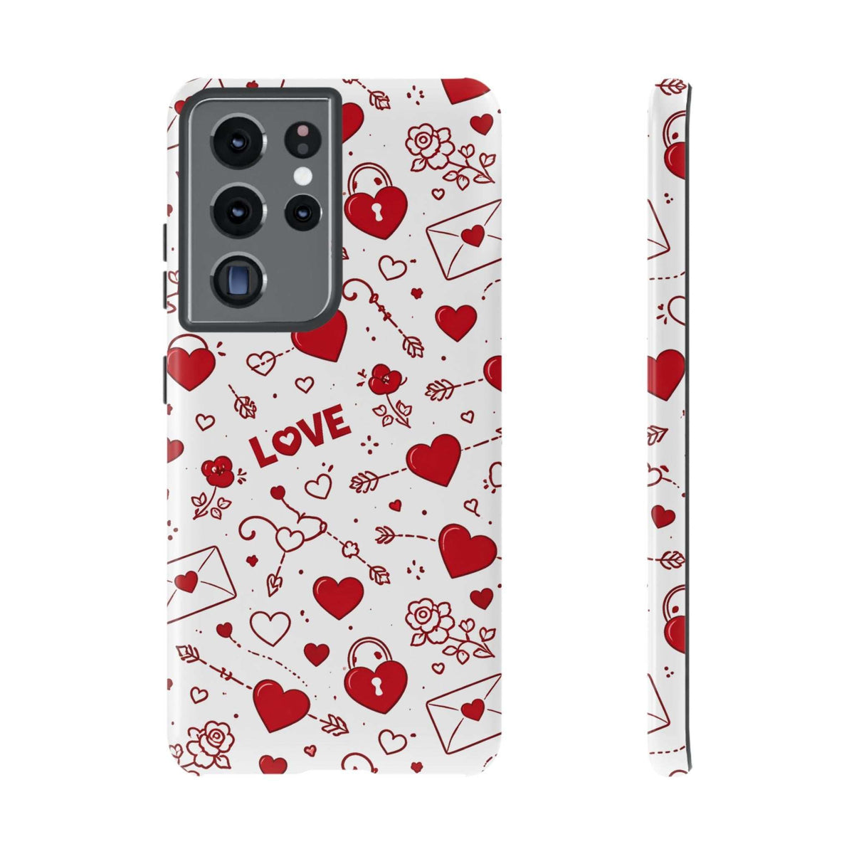 White phone case with red hearts and LOVE print; detailed camera cutouts for multiple lenses.
