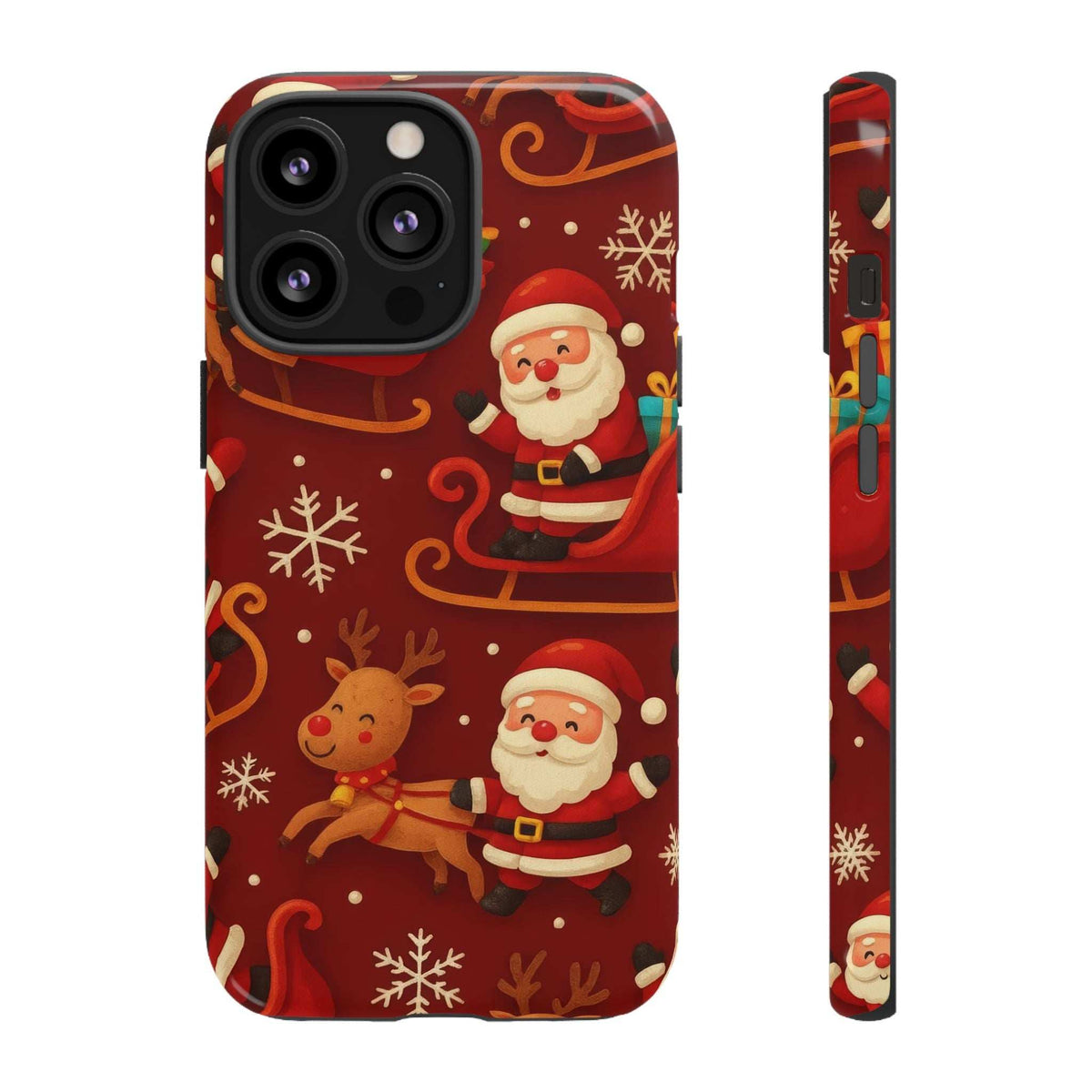 Glossy red Santa sleigh ride phone case with Santa, reindeer, and snowflake details.