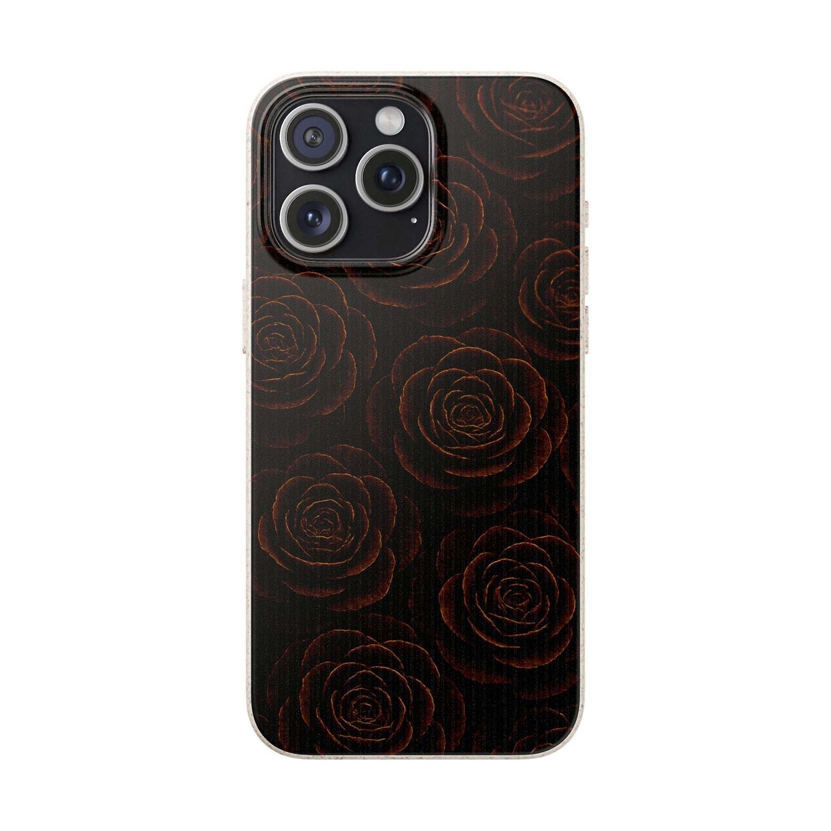 Dark rose-pattern phone case with multi-lens camera cutout and protective rim trim.