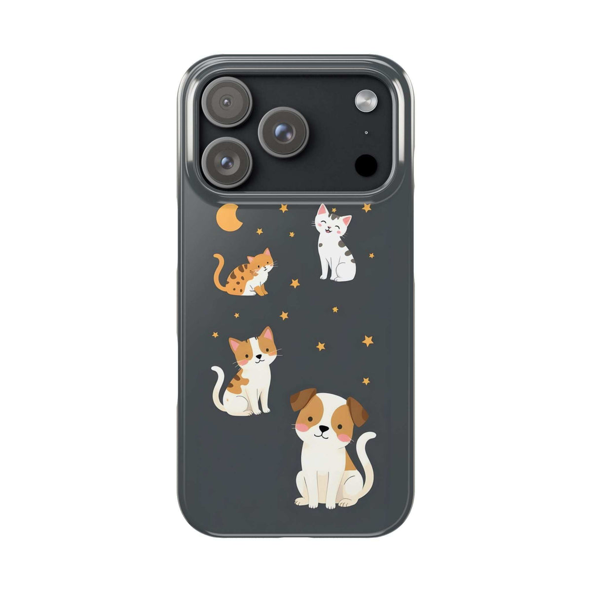 Dark iPhone phone case with raised camera cutout and cat, dog, moon star design