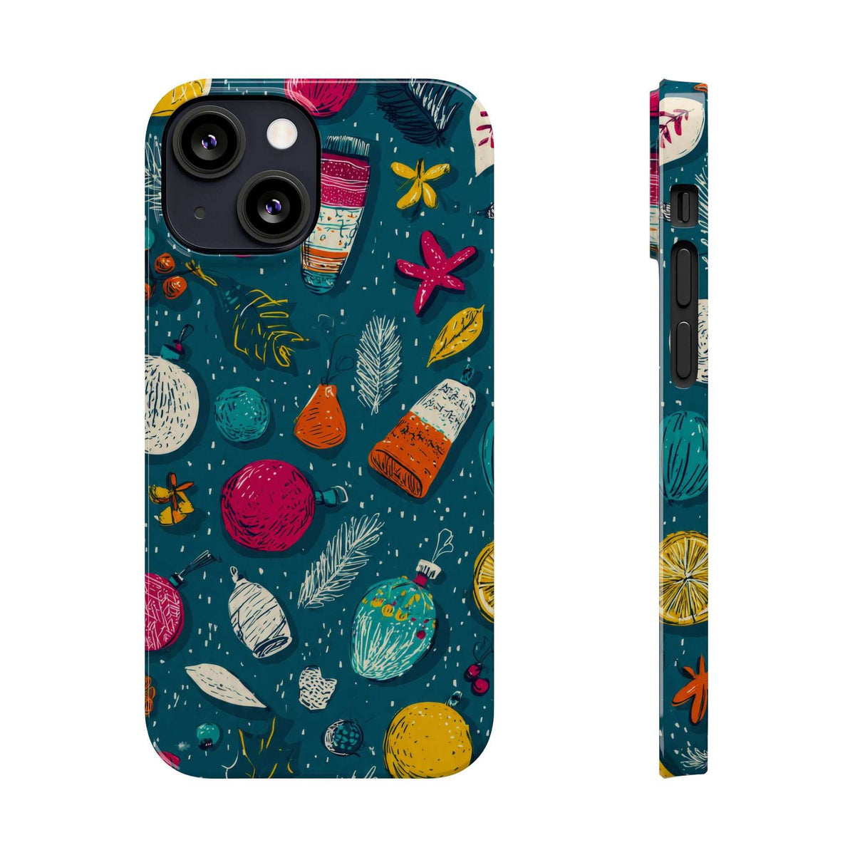 Teal winter-themed phone case back with camera cutouts and festive decorative pattern