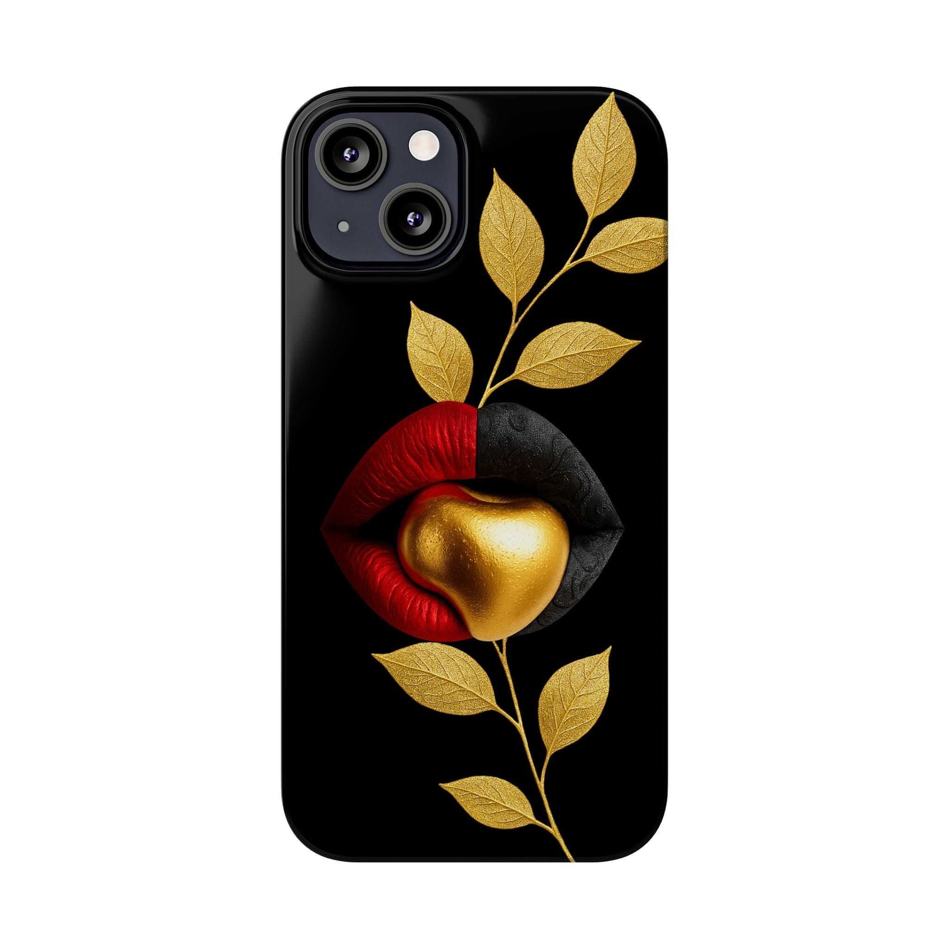 iPhone phone case with black background, gold leaves, and a red lips-heart design