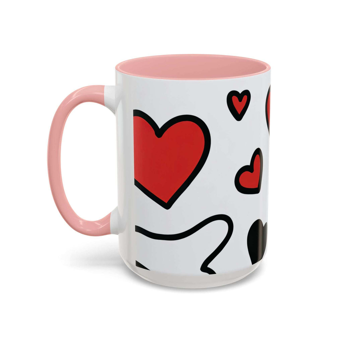 Accent coffee mug with light pink interior and handle, white body, red heart and small heart icons.