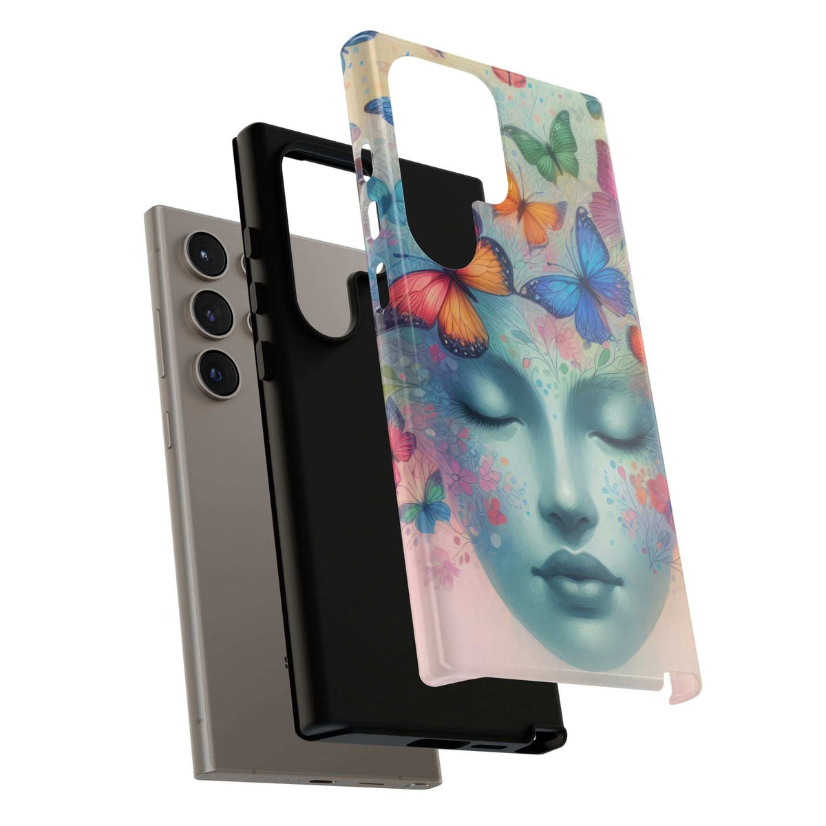 Phone case with butterfly portrait graphic, layered view with protective cover on another phone.