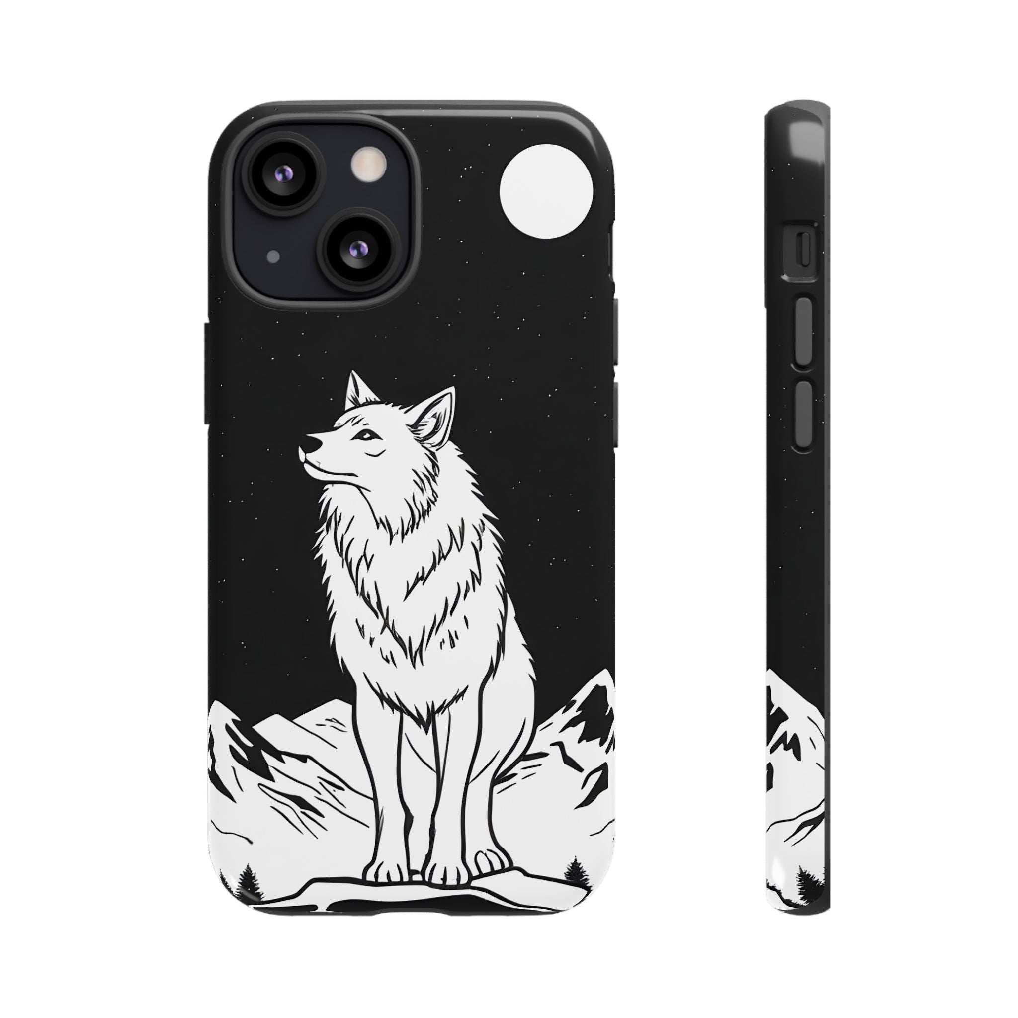 Black phone case with white standing wolf, star speckles, moon circle, and camera openings