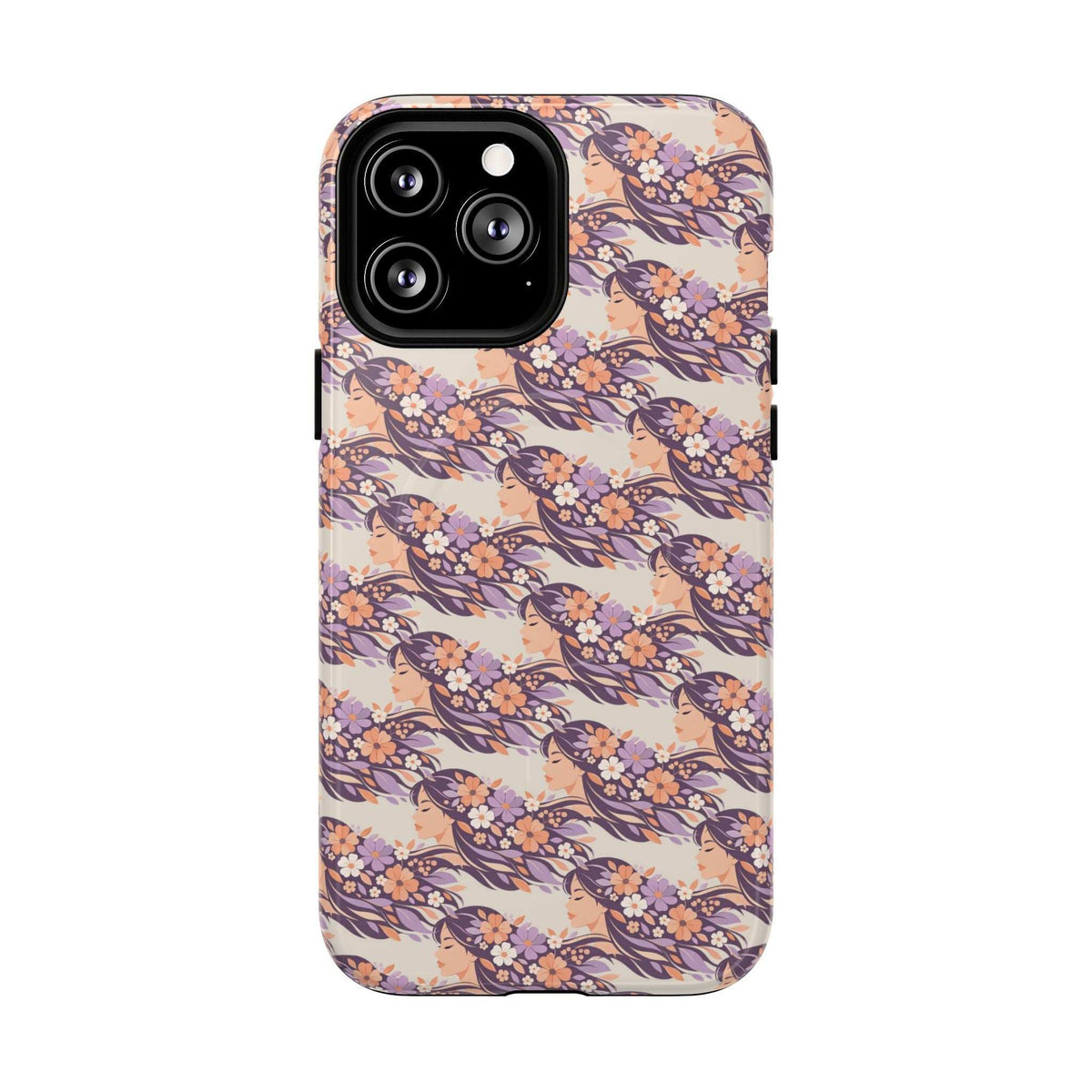 Floral phone case with triple-camera cutout, pink and navy floral repeat design