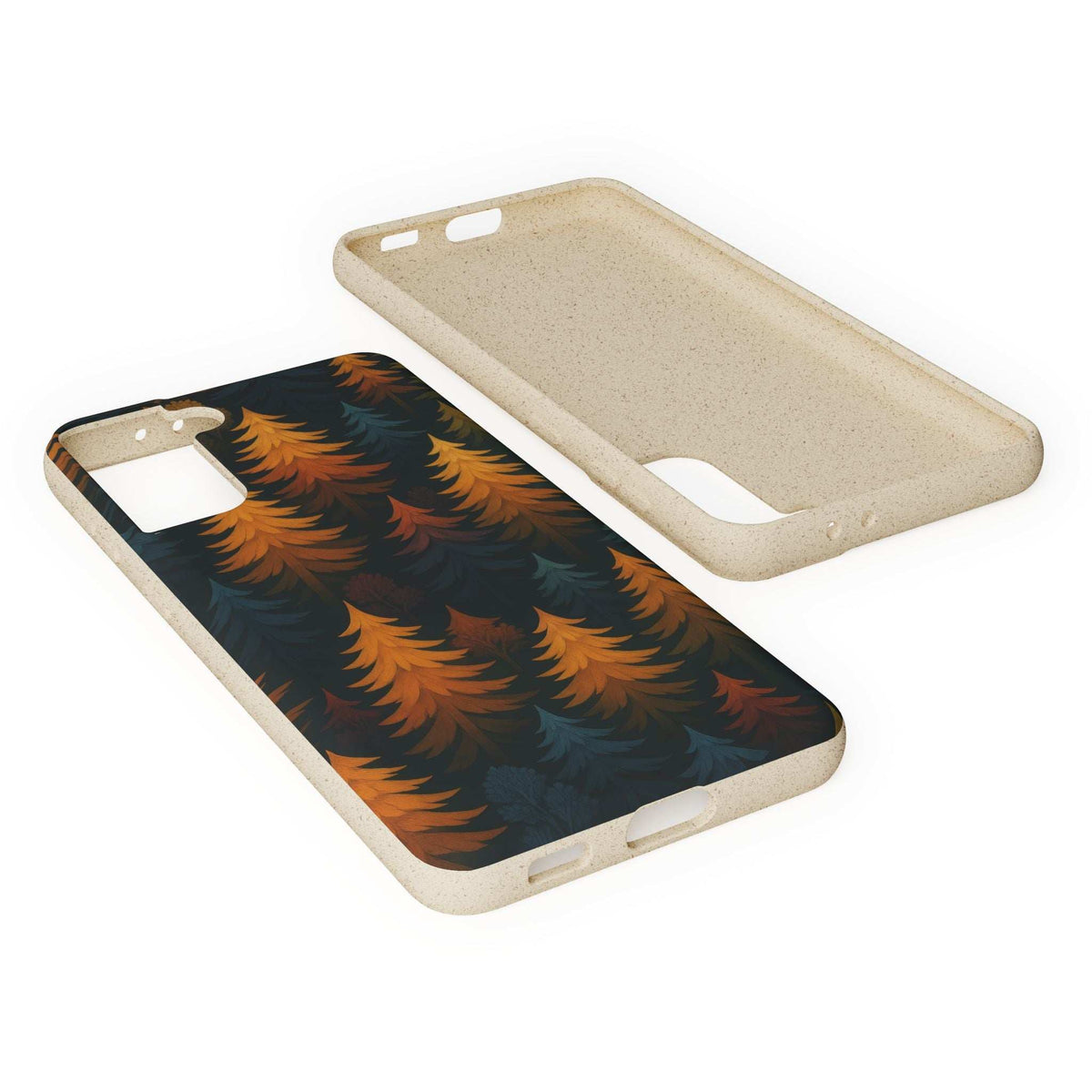 Biodegradable phone case angled view with forest tree pattern and protective beige rim