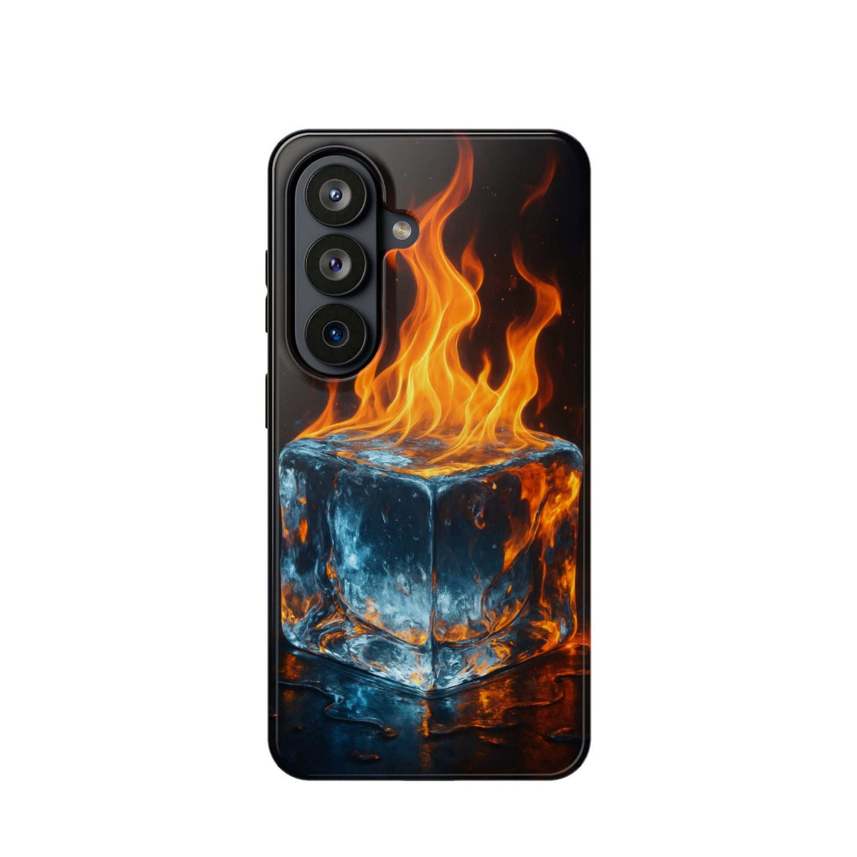 Flame and ice phone case with orange flame artwork and dark blue cube pattern on black frame