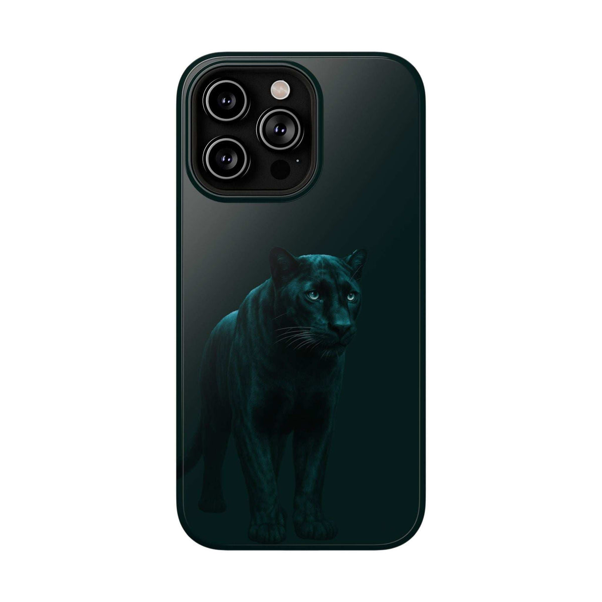 Dark phone case with panther portrait graphic and quad-lens camera cutouts