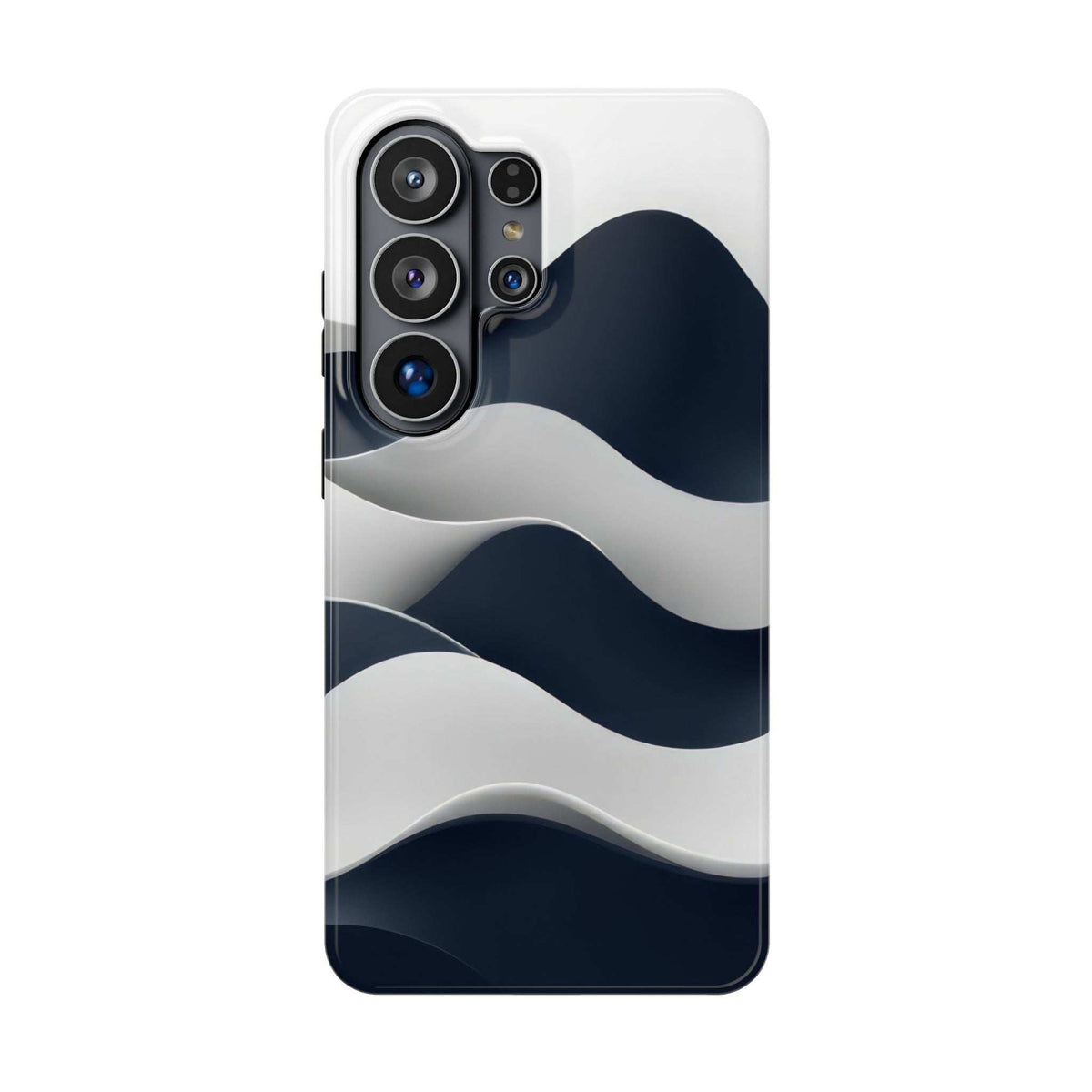 Glossy phone case with white and navy wave pattern, triple camera cutout openings