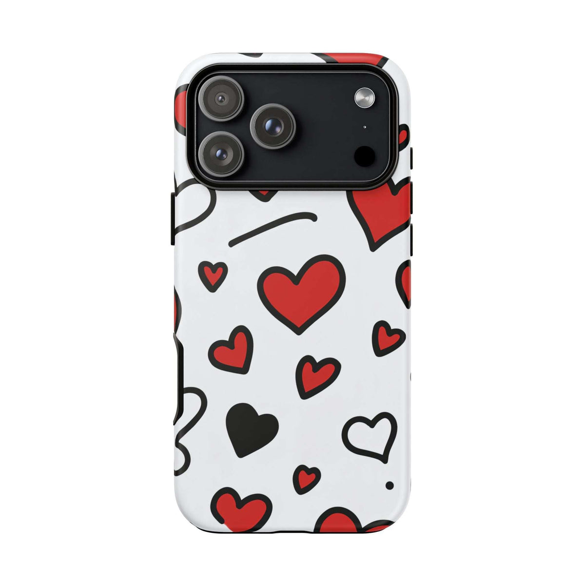 White phone case with scattered hearts; quad-lens camera cutout at the top
