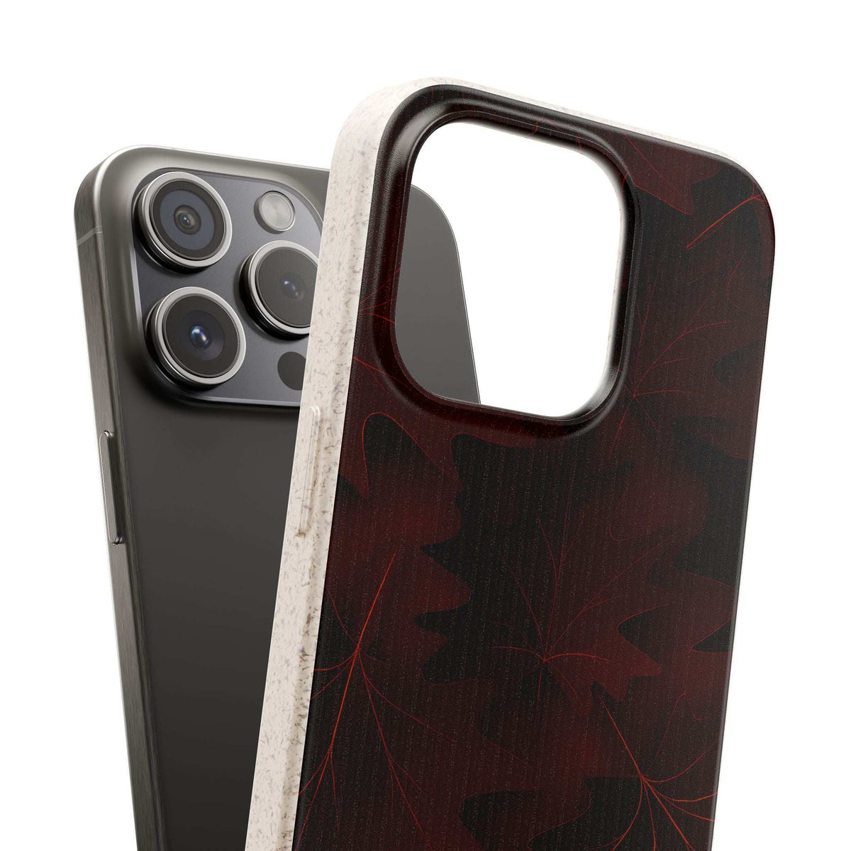 Burgundy leaf-pattern phone case with protective raised edge around camera opening