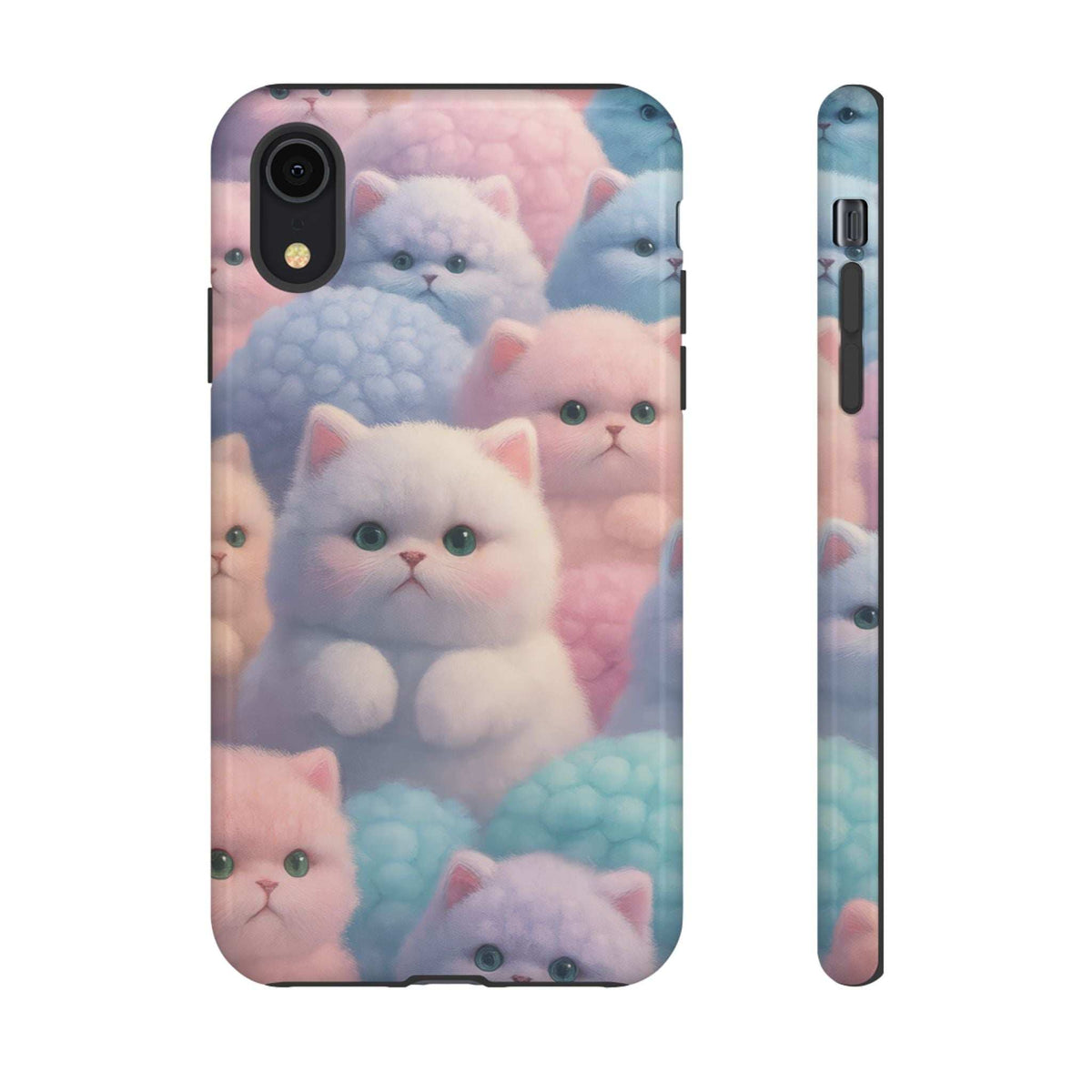 Glossy pastel kitten phone case with cat faces, front view and matching side strip