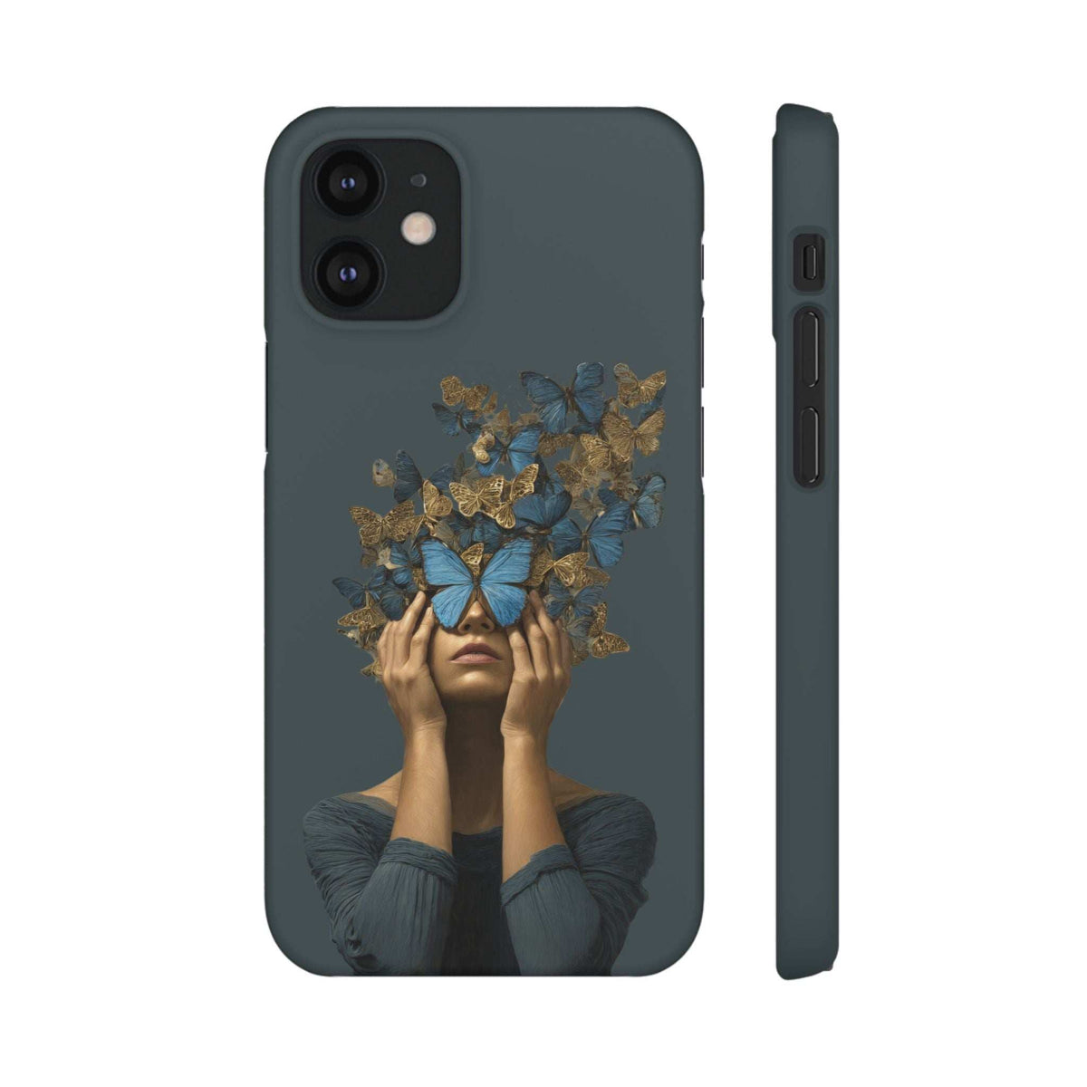 Dark gray phone case with blue-and-gold butterfly portrait; raised camera module and side edge