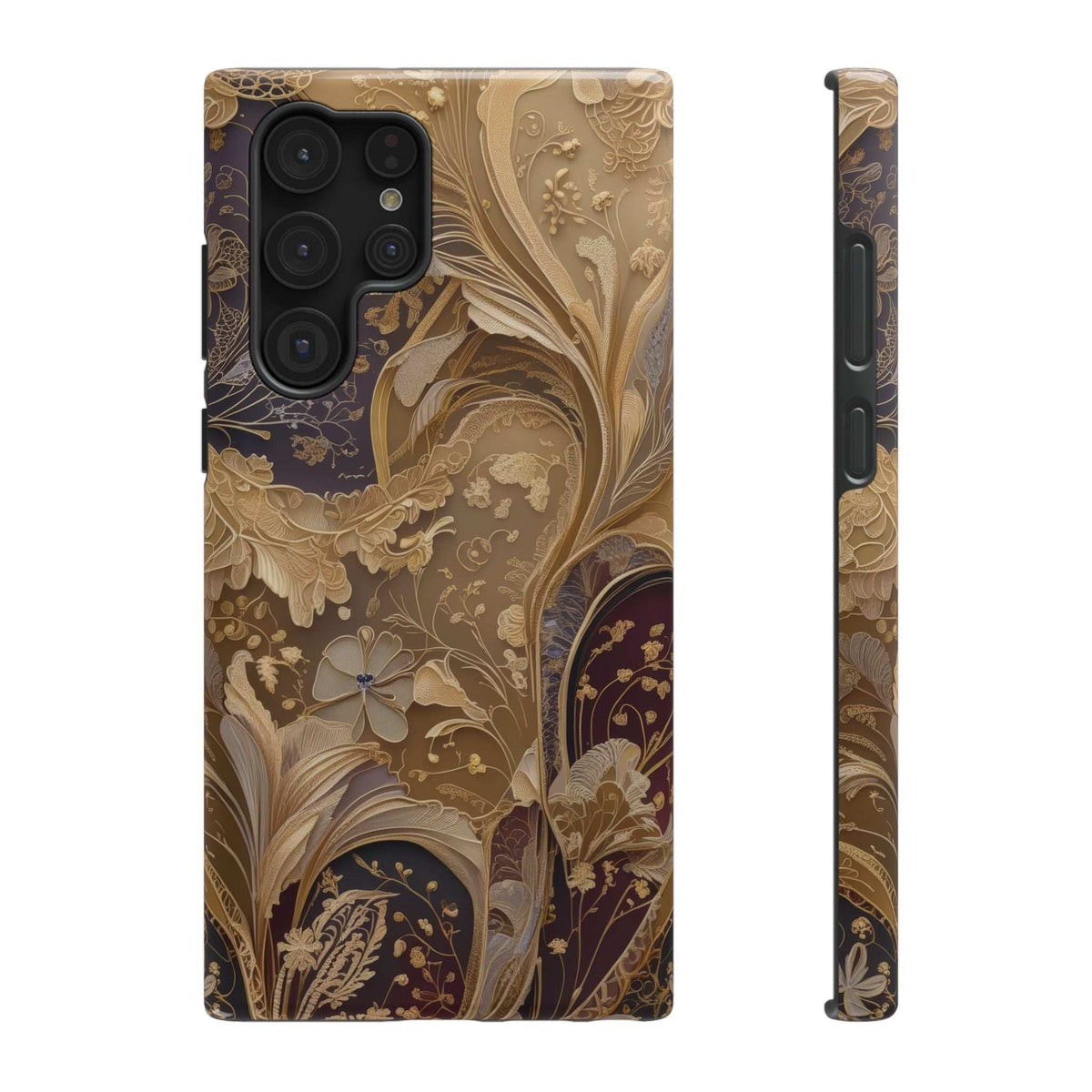 Ornate botanical phone case with gold and dark floral motif; side profile with buttons.