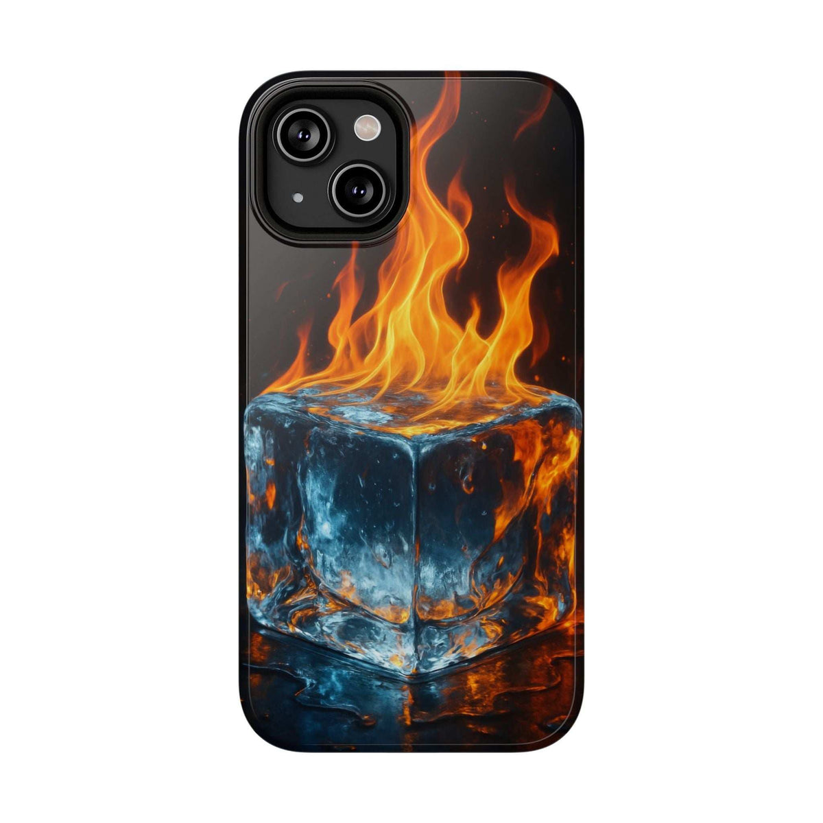 Black glossy phone case with flame and ice cube graphic, centered camera cutout