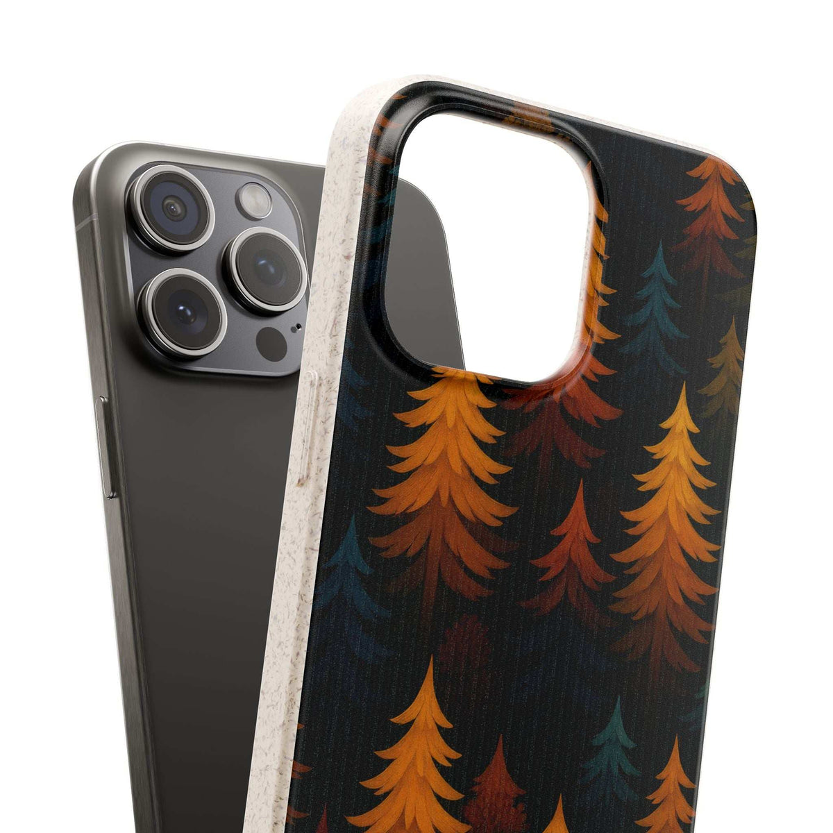 Biodegradable phone case with dark forest tree pattern and raised camera cutouts