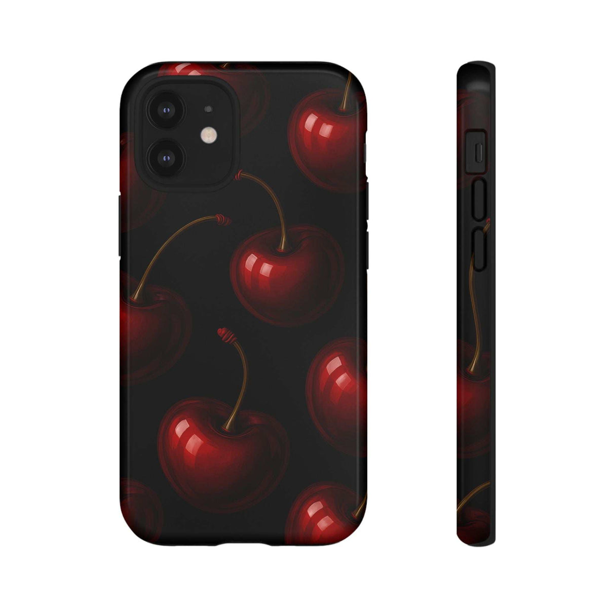 Glossy cherry phone case with dark red cherry pattern and side button access