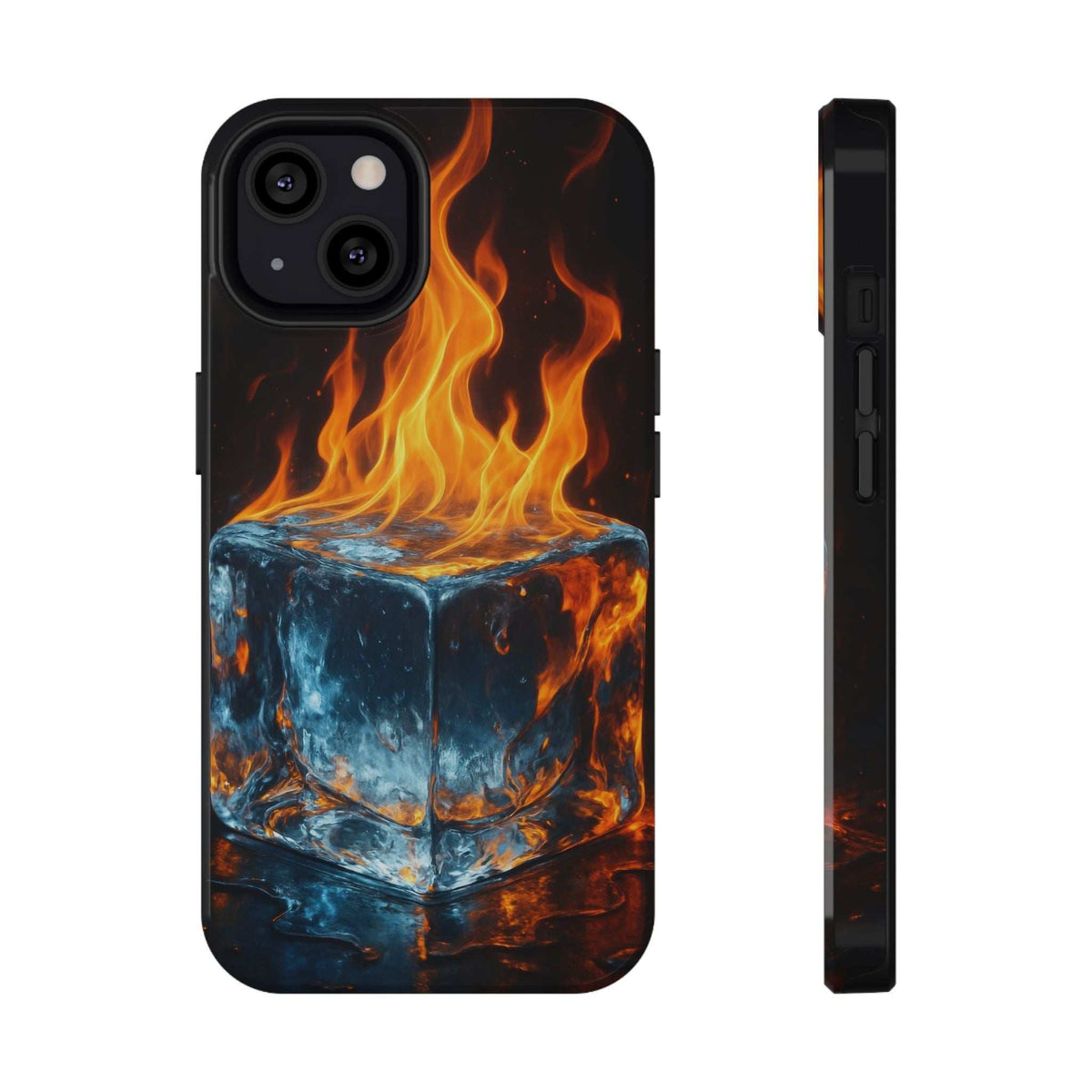 Phone case with glossy black flame-and-ice cube print; side profile with button cutouts.