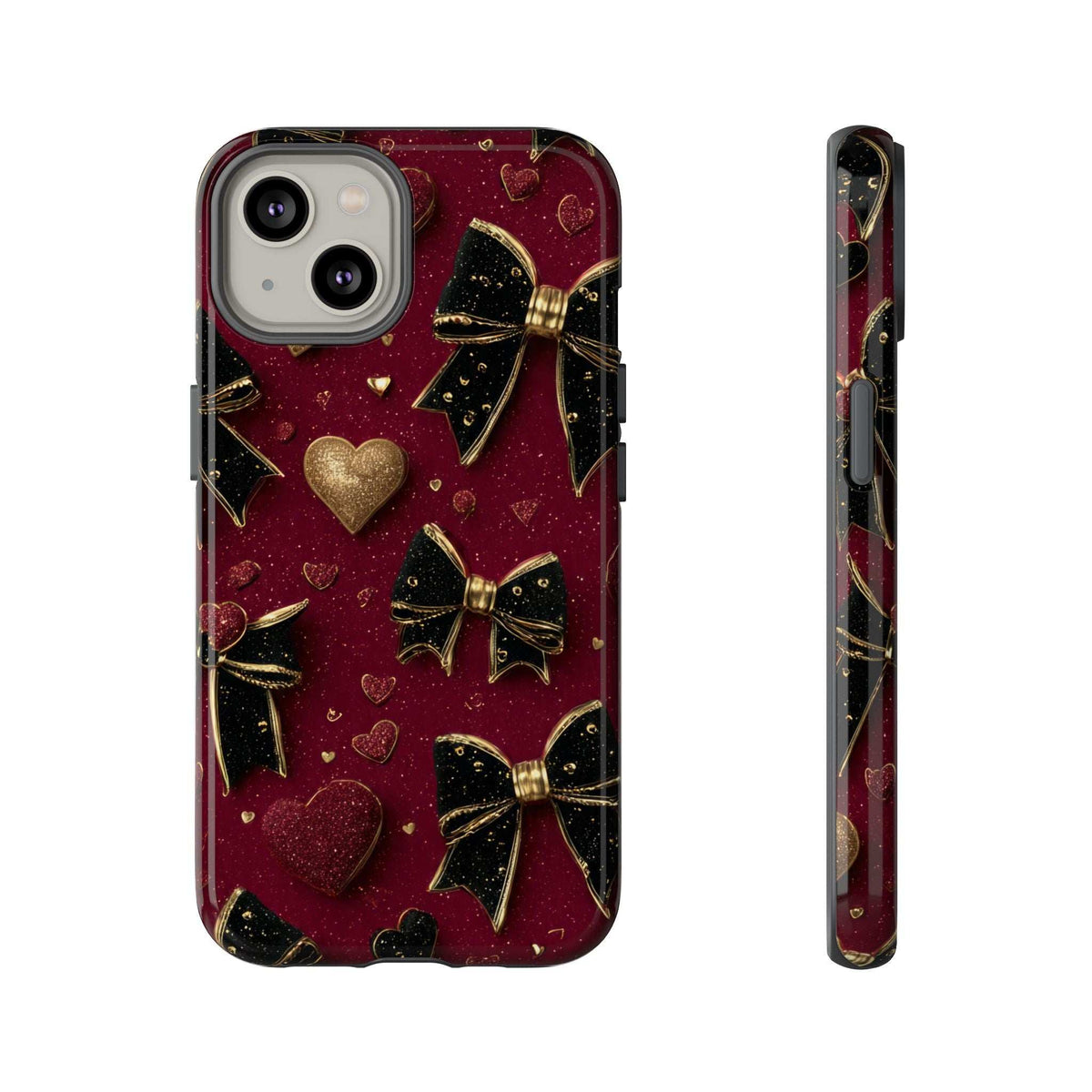 Maroon glossy phone case with gold hearts and bows; raised camera cutouts visible