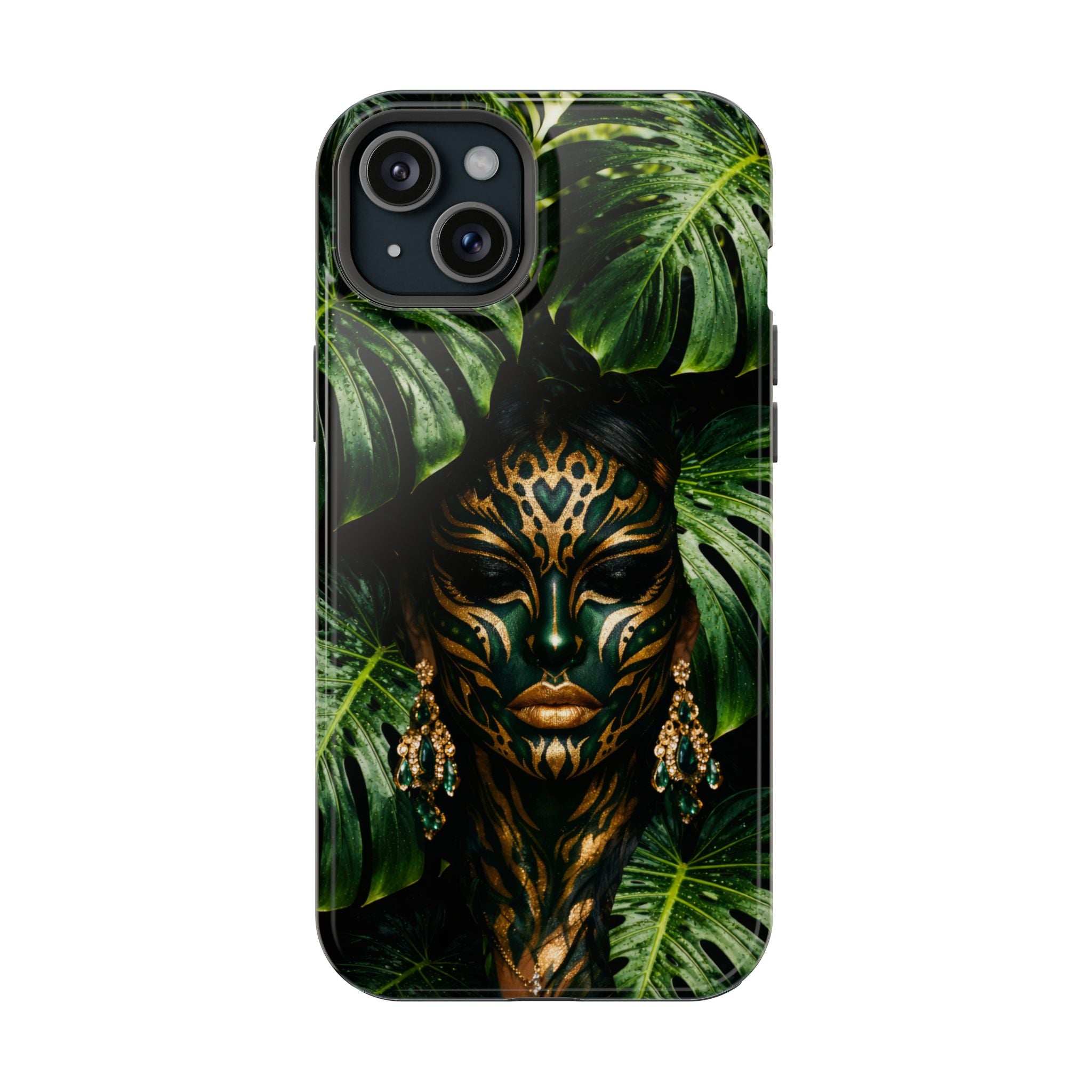 Green jungle face phone case with gold headdress and ornate earrings, camera lens openings