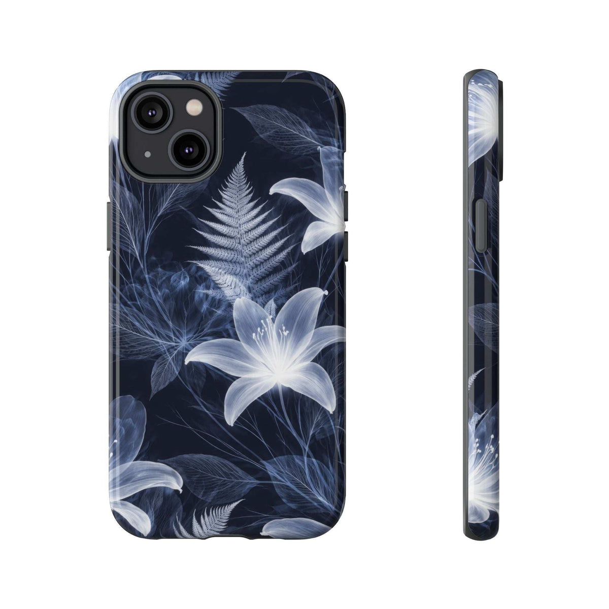 Blue floral phone case with white lilies and fern leaves; dual camera cutouts, matte-style.