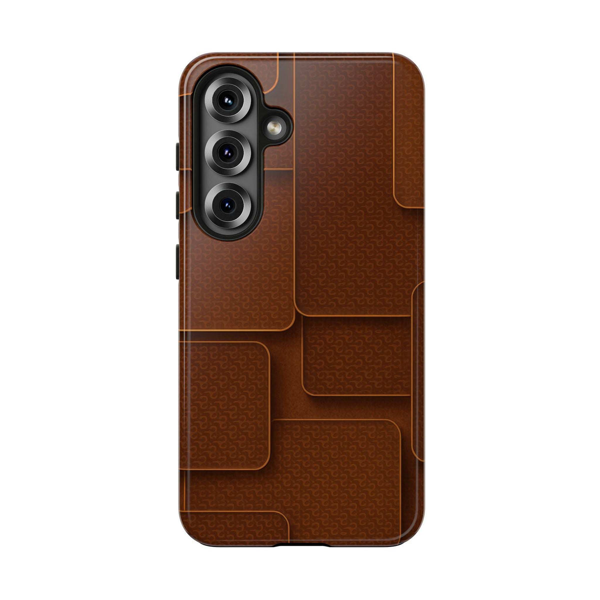 Textured brown phone case with embossed block pattern and multi-lens camera opening