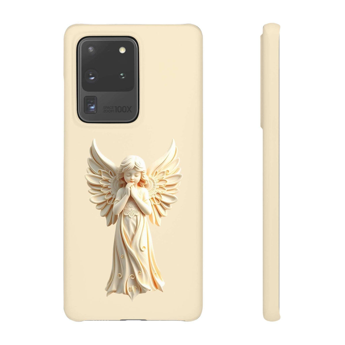 Beige phone case with angel figure design and camera cutout, side view included
