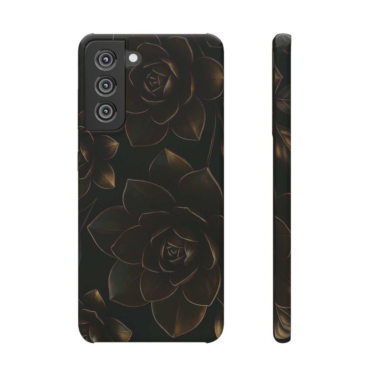 Glossy black phone case with gold rose design; raised back camera module cutouts.