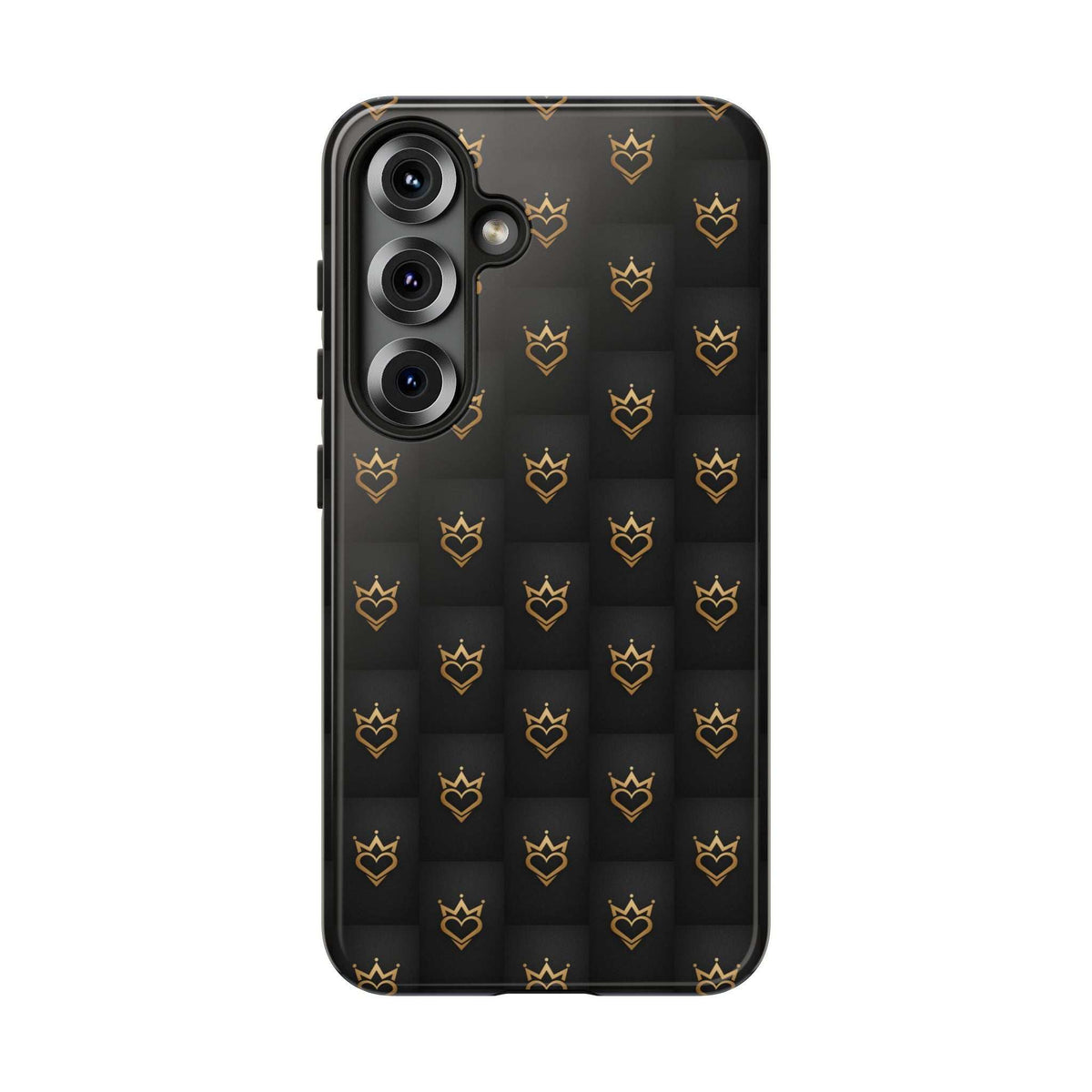 Glossy black phone case with gold crowned heart doodle pattern, dual camera cutout.