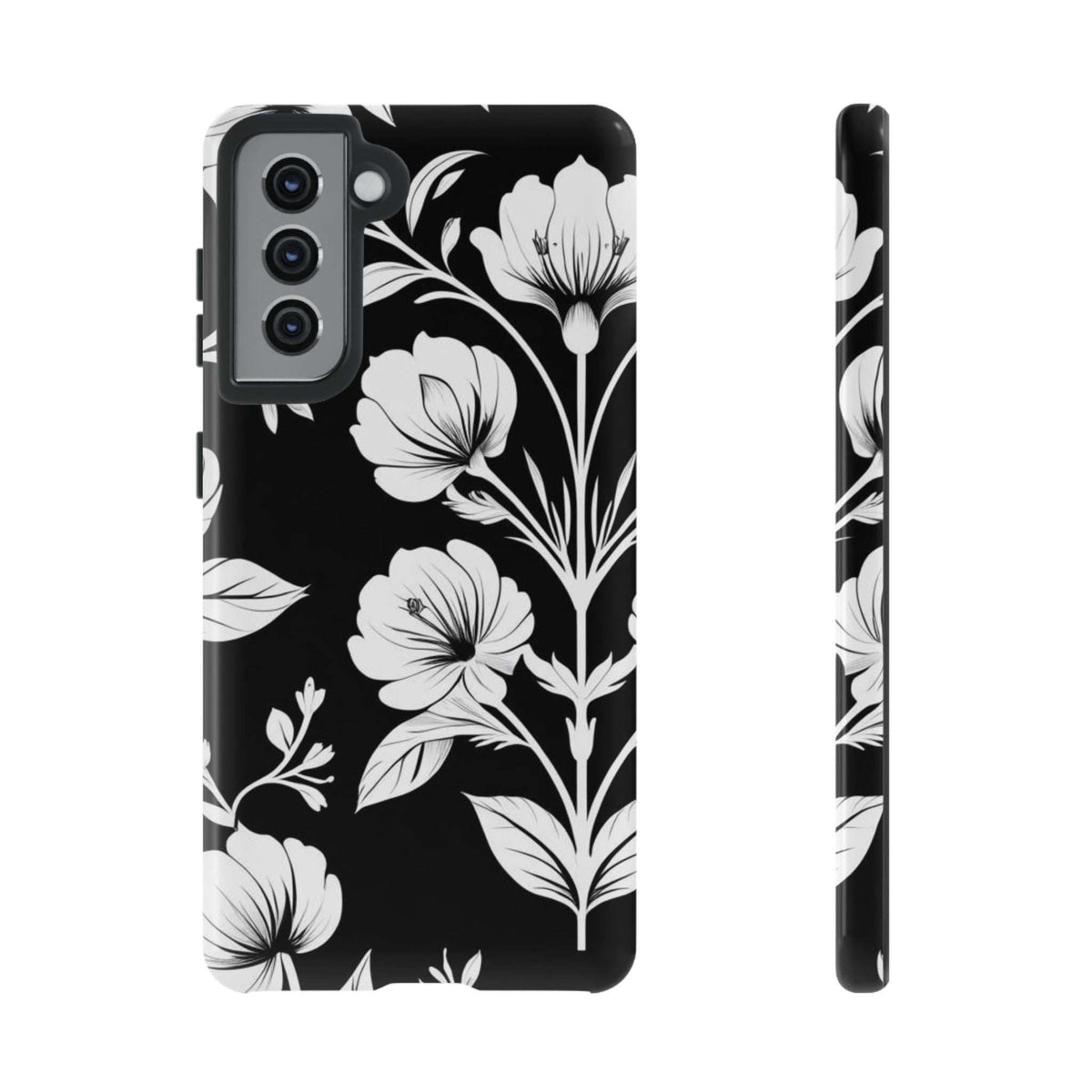 Floral phone case for Galaxy S20–S26, black with white flowers, rear camera cutouts