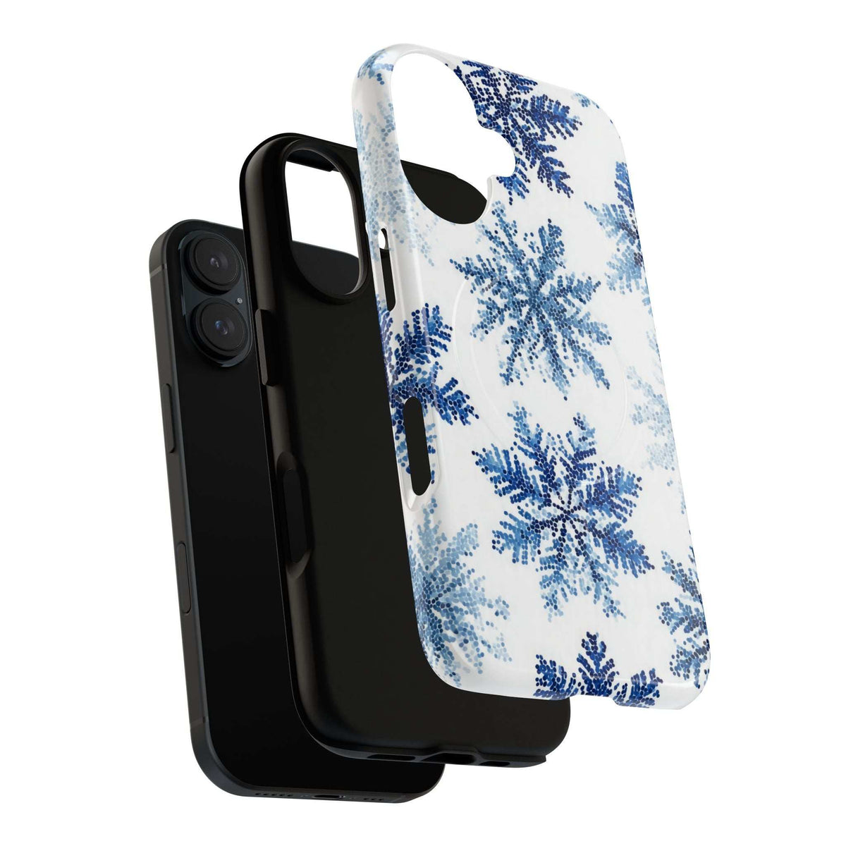 White iPhone phone case with blue snowflake pattern and cutouts for camera and buttons