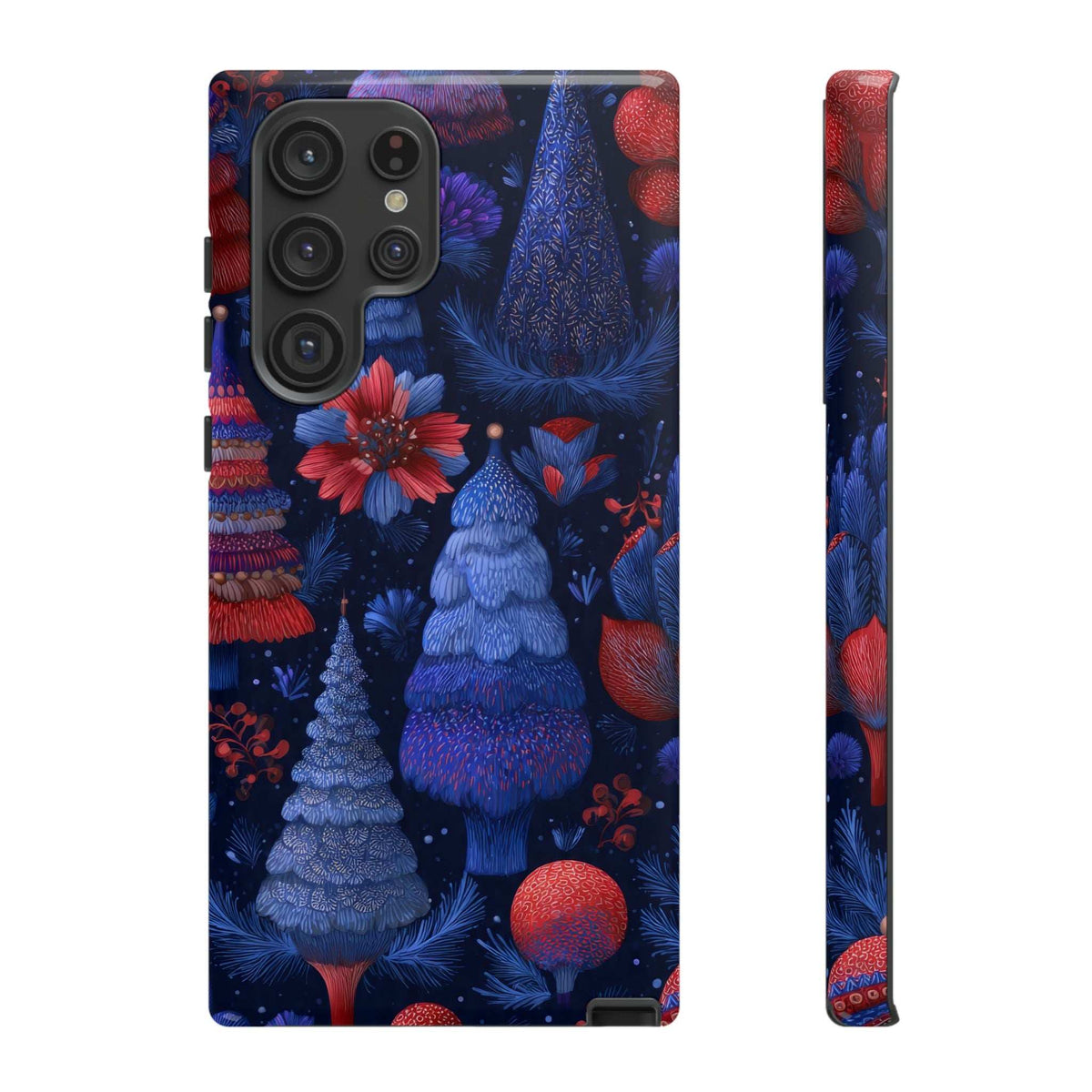 Phone case back with layered blue conifer trees, red ornaments, and camera cutouts