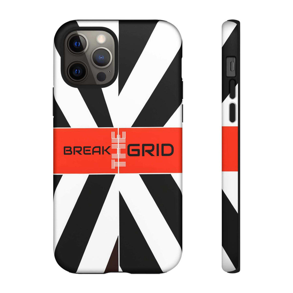 Phone case with black-and-white geometric stripes, red "Break Grid" band, front and side view.