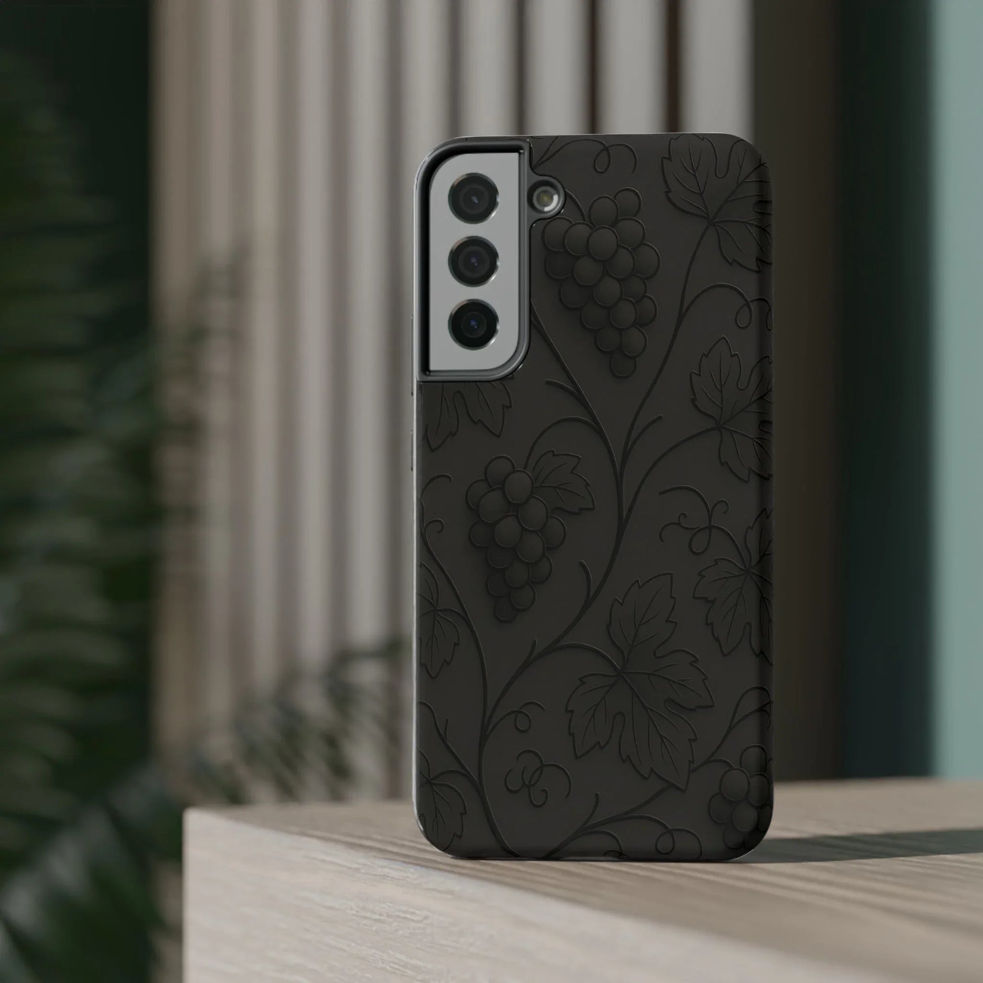 Elegant Embossed Grape Leaf Black Phone Case for iPhone and Galaxy - KARARMDESIGN