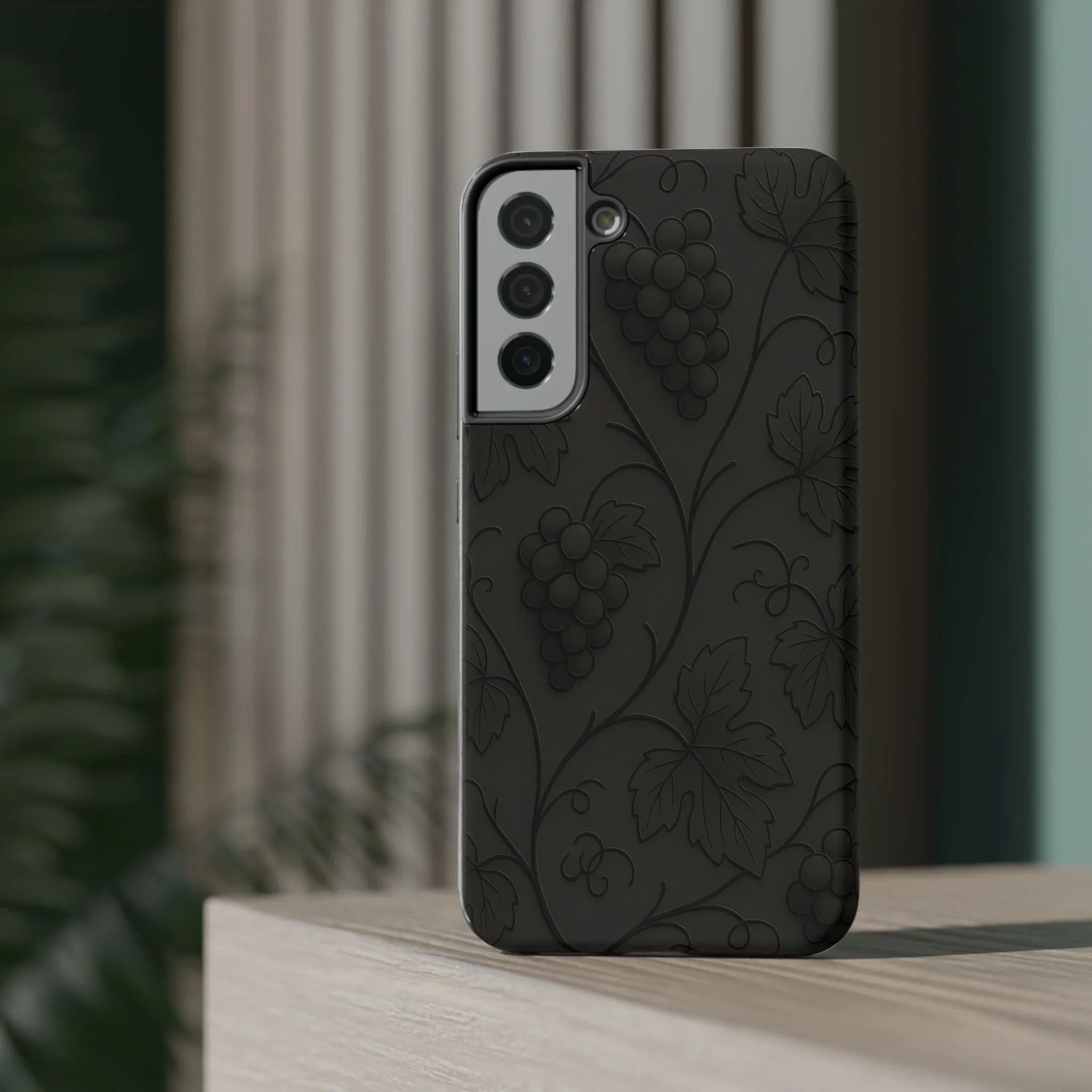 Elegant Embossed Grape Leaf Black Phone Case for iPhone and Galaxy - KARARMDESIGN