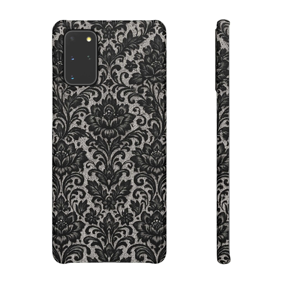 Black damask floral phone case with patterned back and raised side buttons