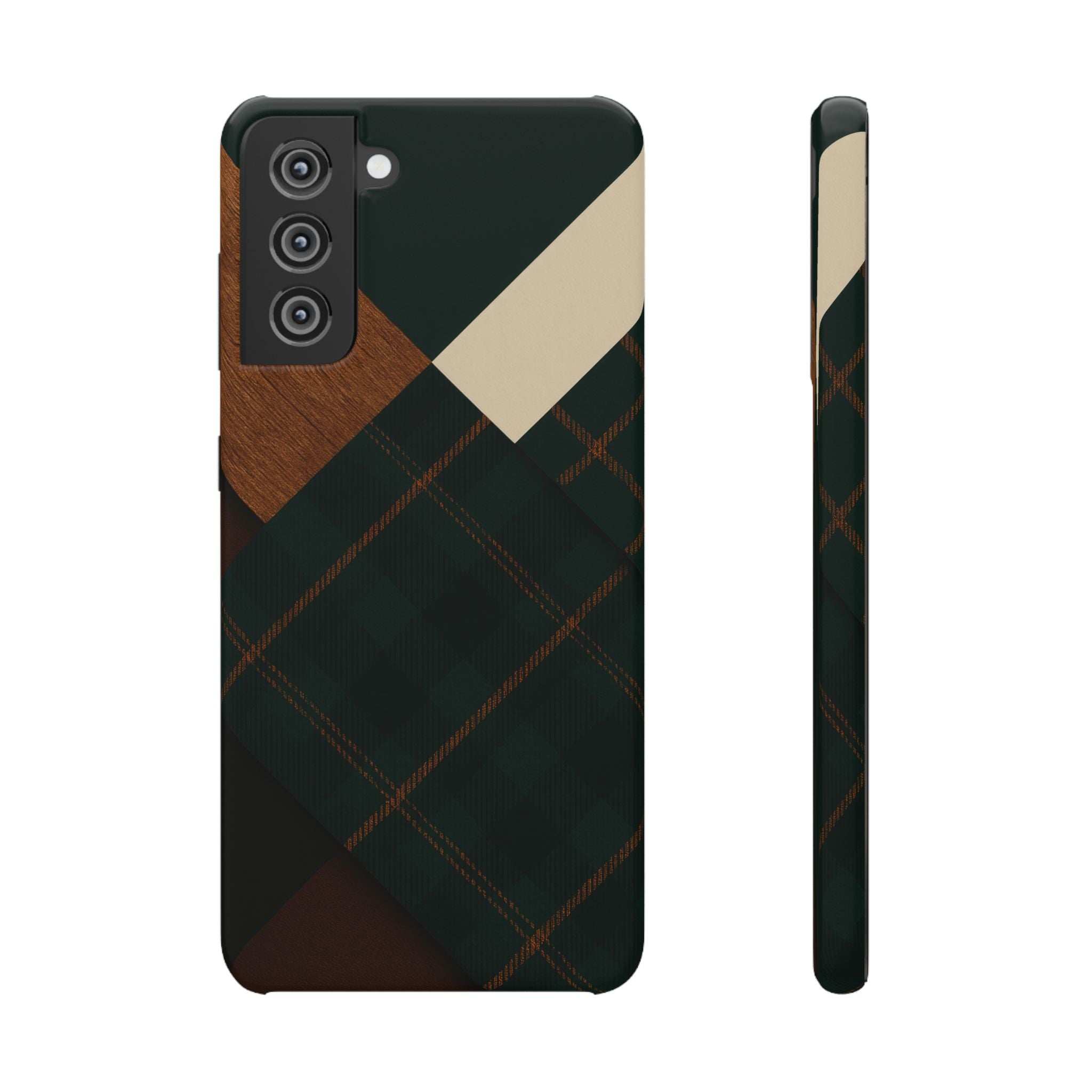 Dark green phone case with wood panel and plaid diamond pattern; camera cutouts visible.