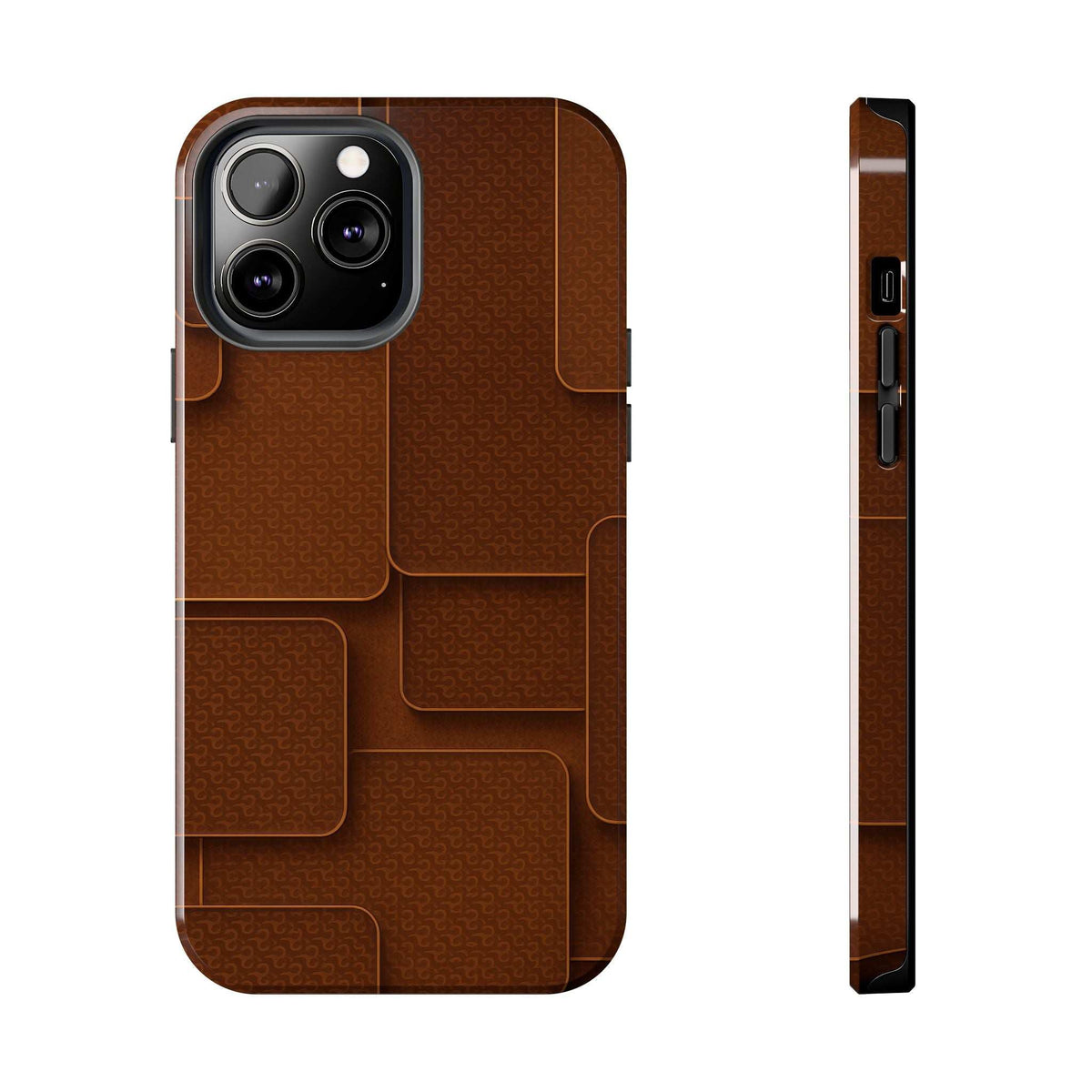 Brown textured phone case with camera cutout and side buttons, front and side view