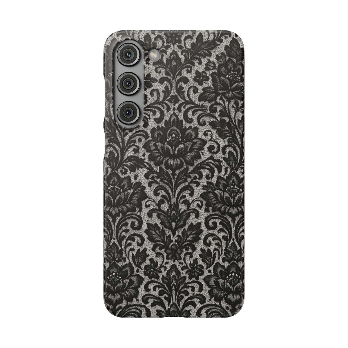 Damask floral phone case, black and gray floral damask; triple camera cutout and flash