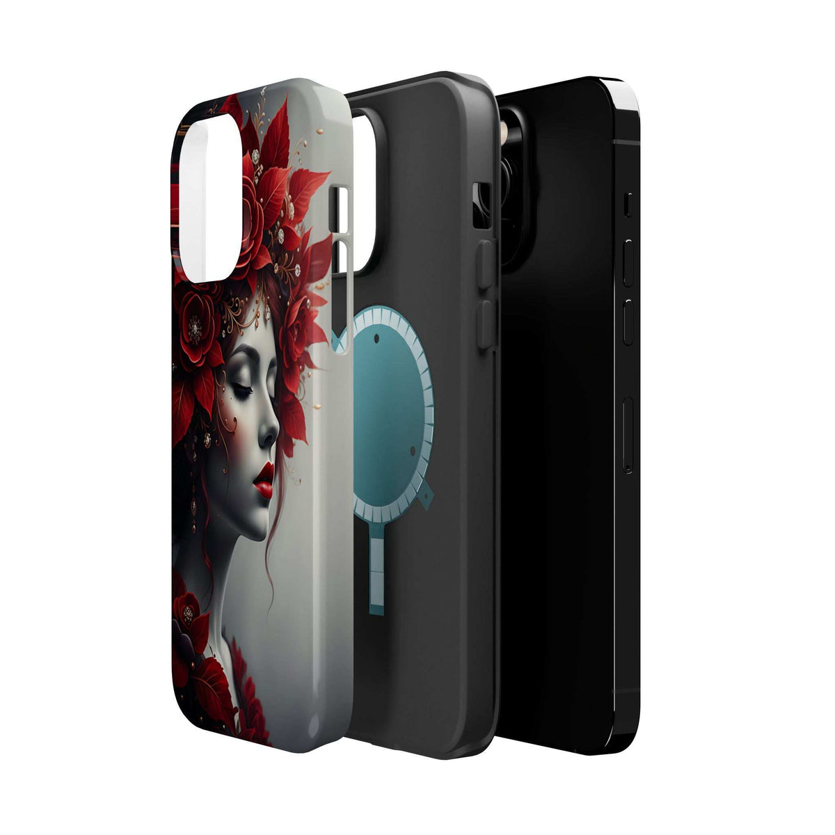 Phone case with portrait design: red flowers and woman's face, camera cutout visible