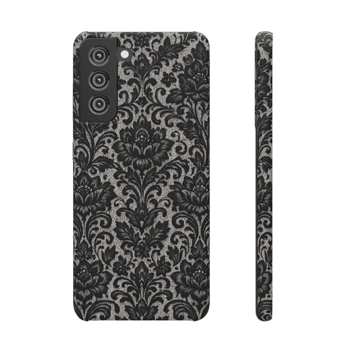 Black damask floral phone case, triple camera cutout; front with patterned back