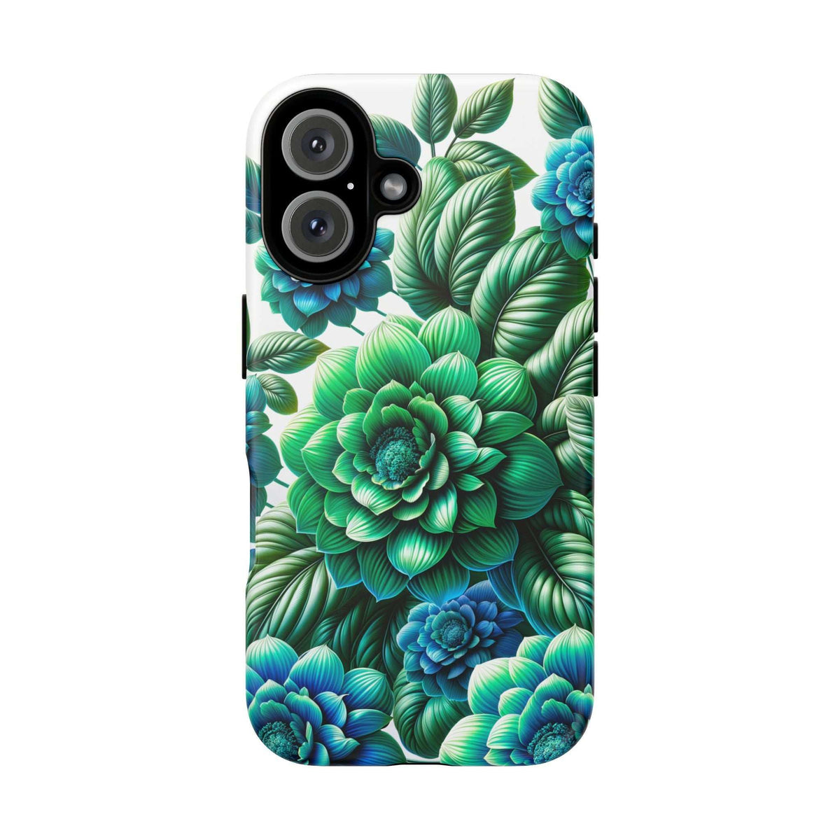 Green and blue floral phone case with leaf and flower pattern, camera cutouts