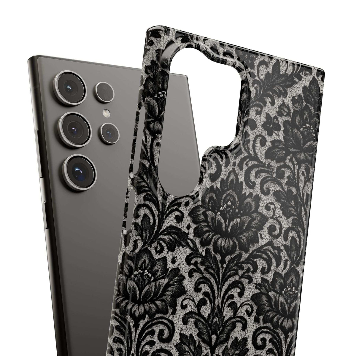 Black damask floral phone case with large camera opening and gray leaf pattern