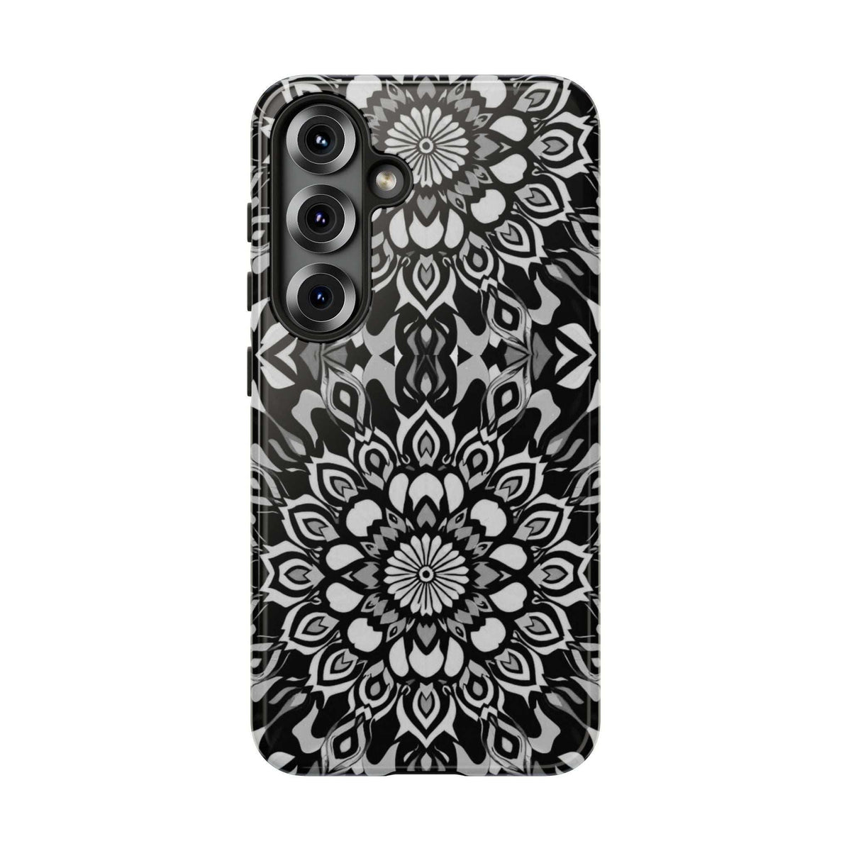 Black-and-white mandala phone case with centered flower motif and multi-camera openings