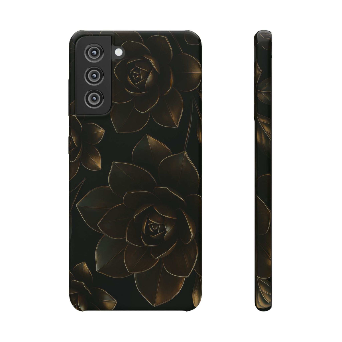 Glossy black phone case with gold rose and leaf line art; camera openings on back panel.