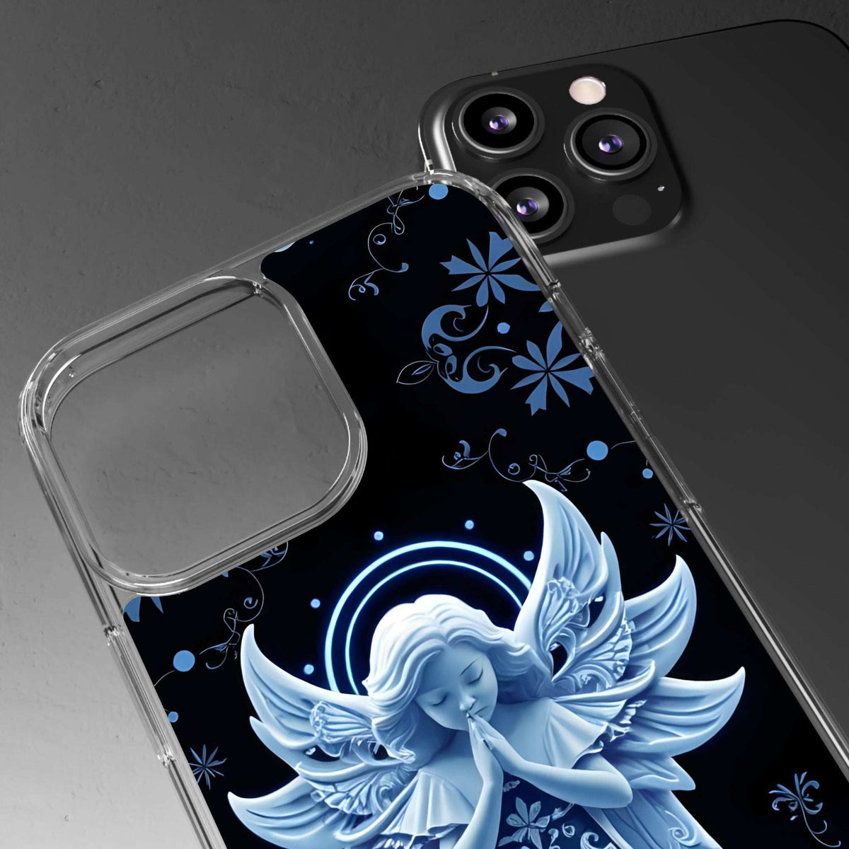 Transparent phone case with blue angel prayer artwork, shown at an angle