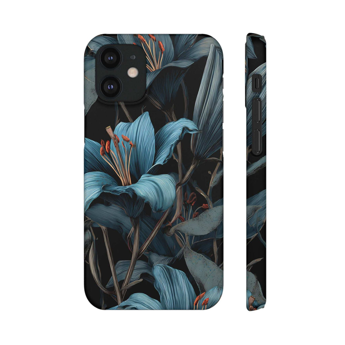 Blue and teal botanical phone case with camera openings and protective raised edges.