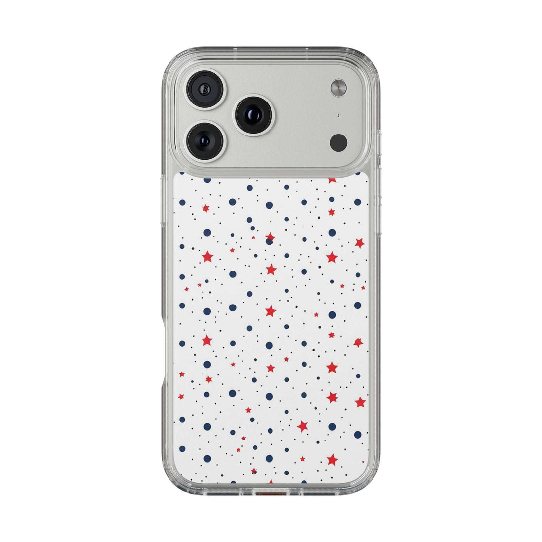 Clear phone case with red stars and blue dots on white; camera cutouts on top