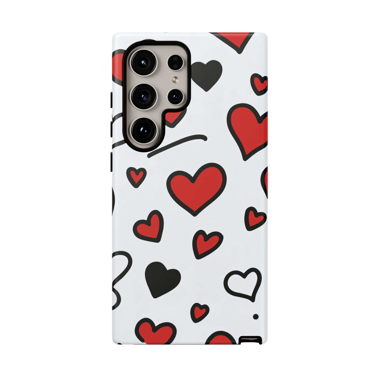 White phone case with scattered hearts in red, black, and outline; camera cutouts
